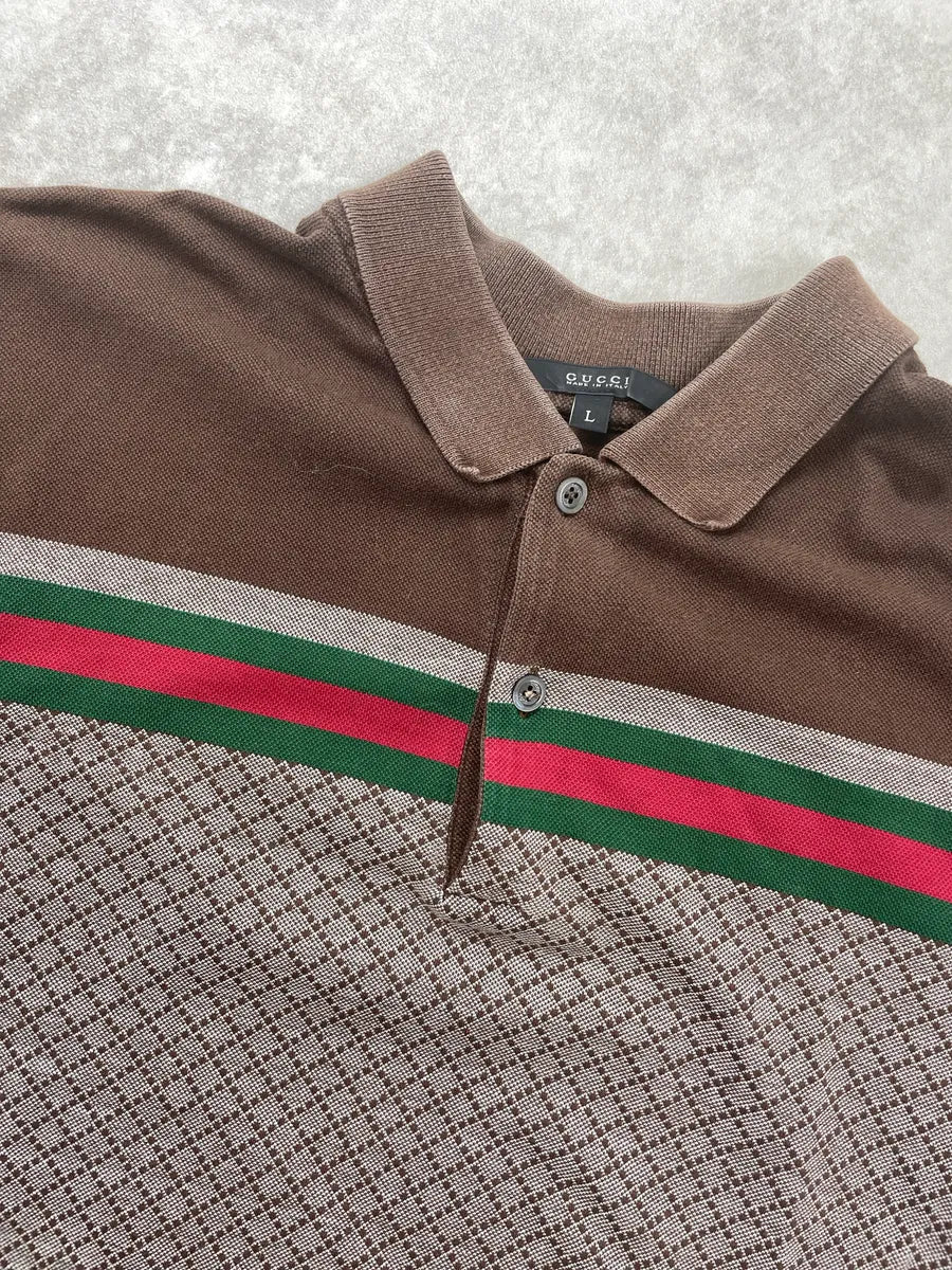 2010s Gucci Brown Green-Red Stripe Micro Geometric Slim Fit Polo KSZTRHFh 5