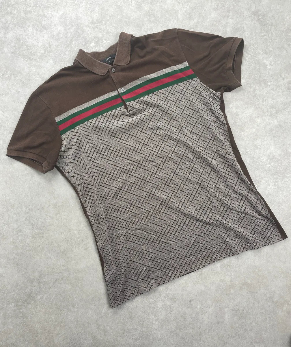2010s Gucci Brown Green-Red Stripe Micro Geometric Slim Fit Polo KSZTRHFh 3