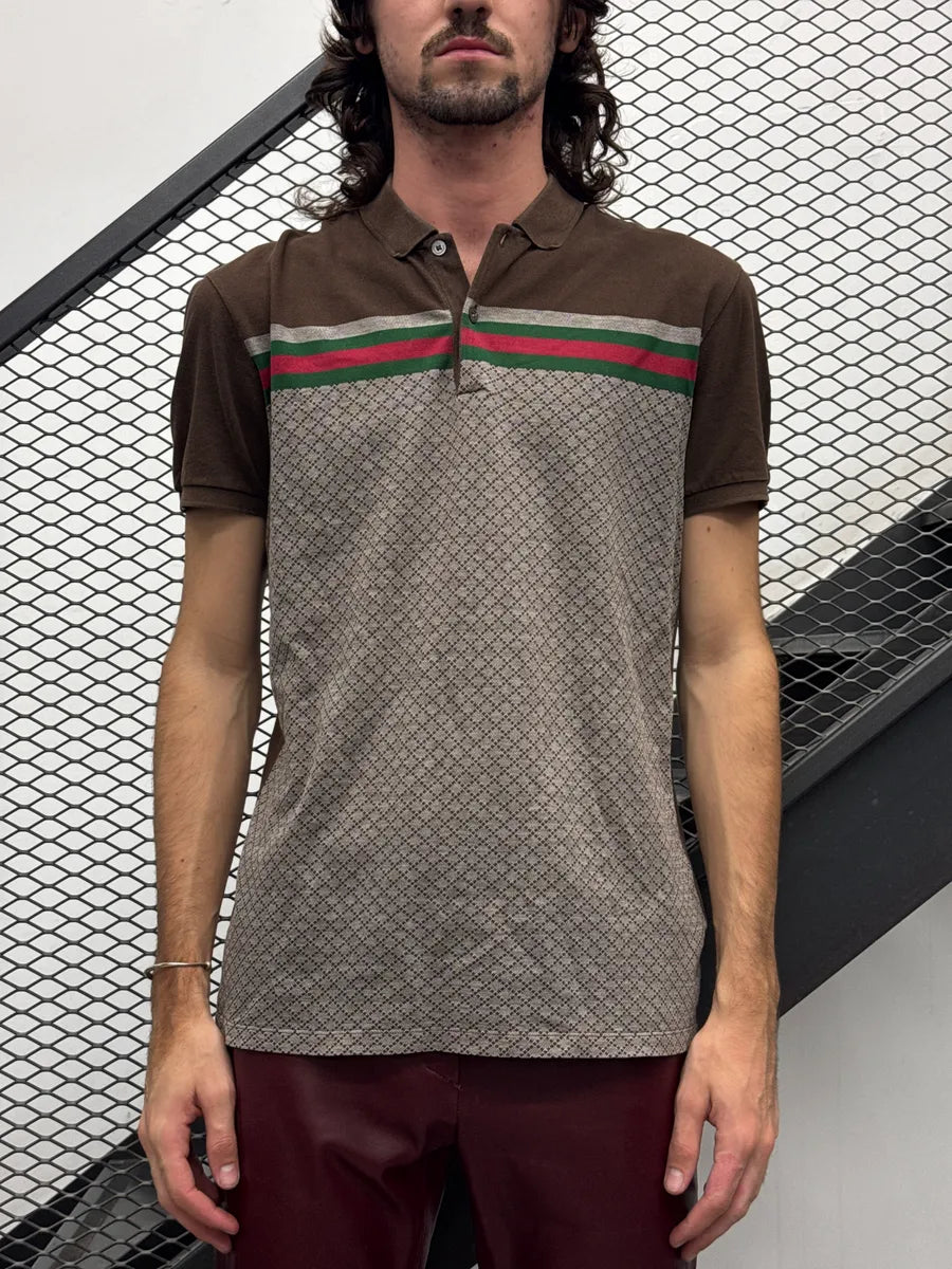 2010s Gucci Brown Green-Red Stripe Micro Geometric Slim Fit Polo KSZTRHFh 1