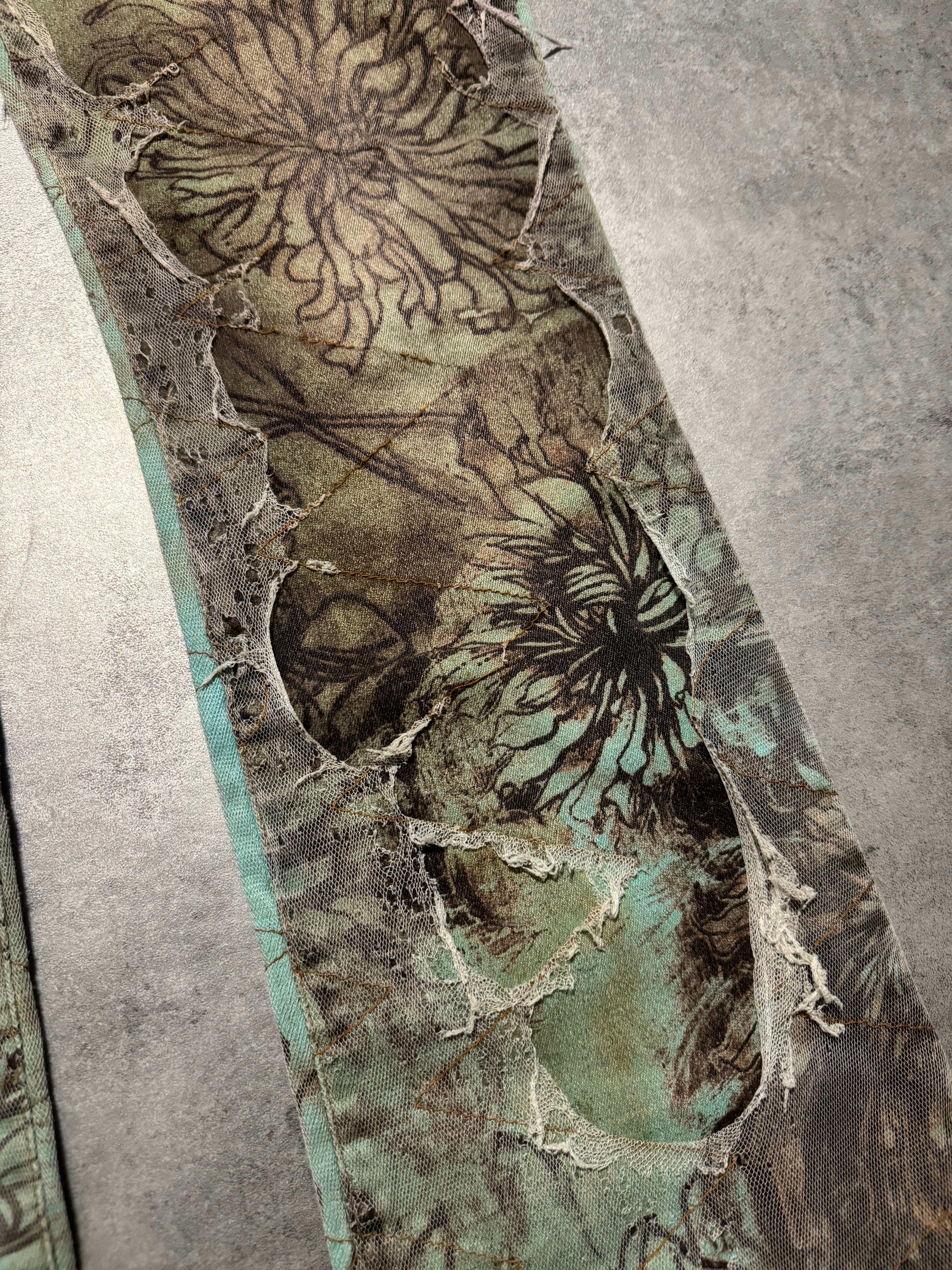 2000s Cavalli Destructured Artistic Floral Blue Pants (S) - 6