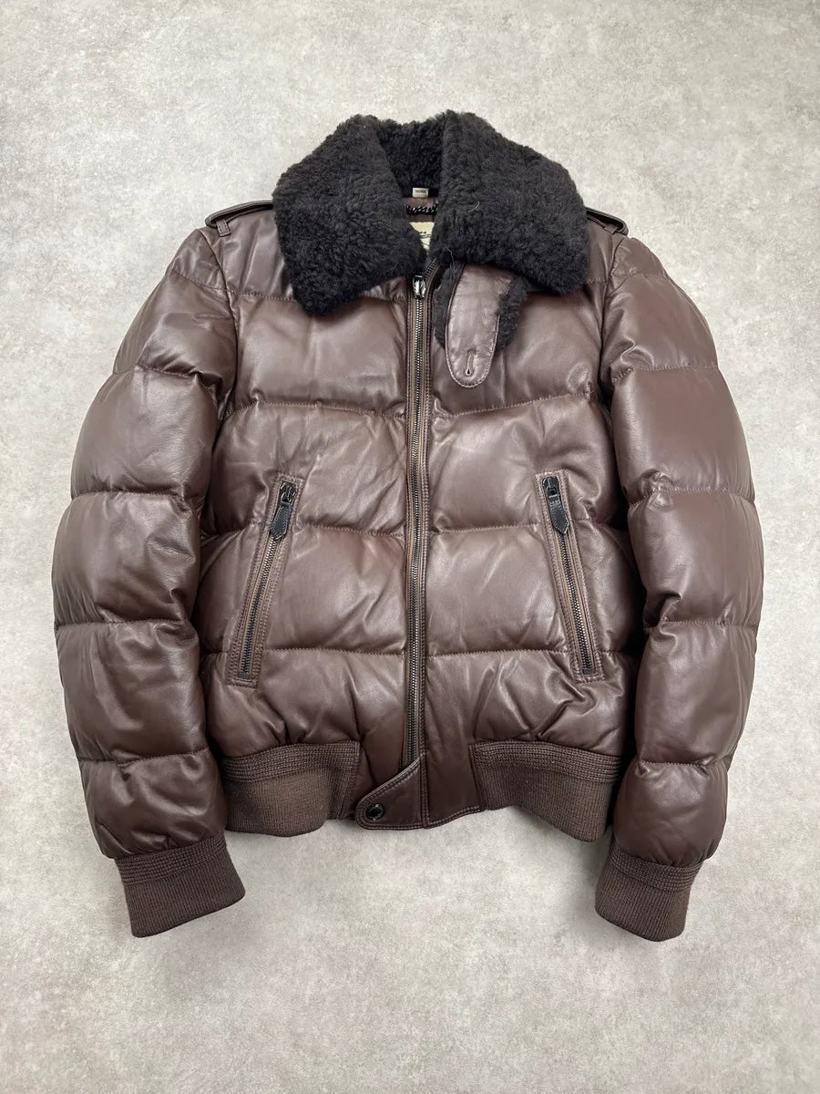 Burberry Dark Brown Lambskin Shearling Collar Puffer Jacket KdeJpWVk 1