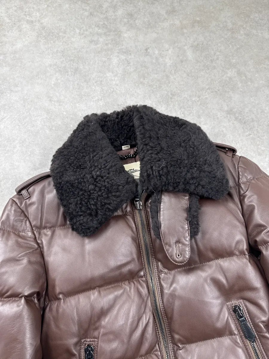 Burberry Dark Brown Lambskin Shearling Collar Puffer Jacket KdeJpWVk 5