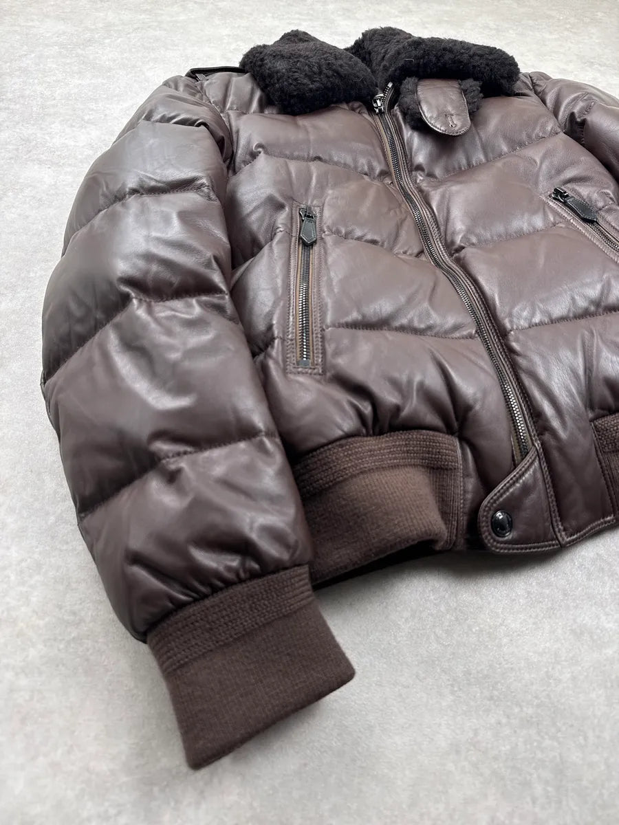 Burberry Dark Brown Lambskin Shearling Collar Puffer Jacket KdeJpWVk 6