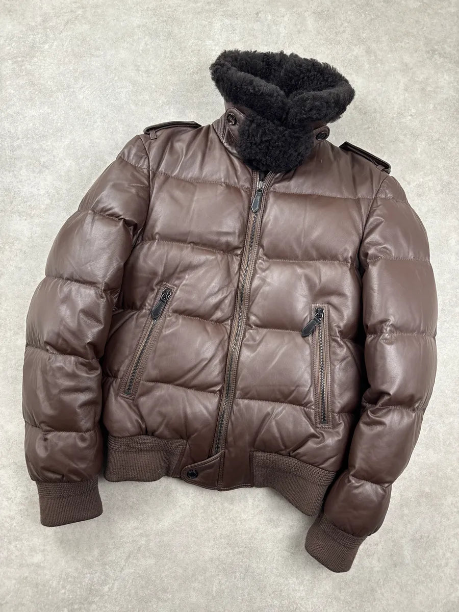 Burberry Dark Brown Lambskin Shearling Collar Puffer Jacket KdeJpWVk 3