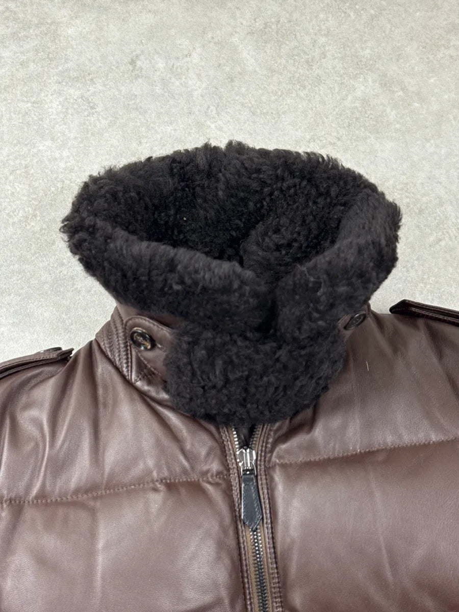 Burberry Dark Brown Lambskin Shearling Collar Puffer Jacket KdeJpWVk 8