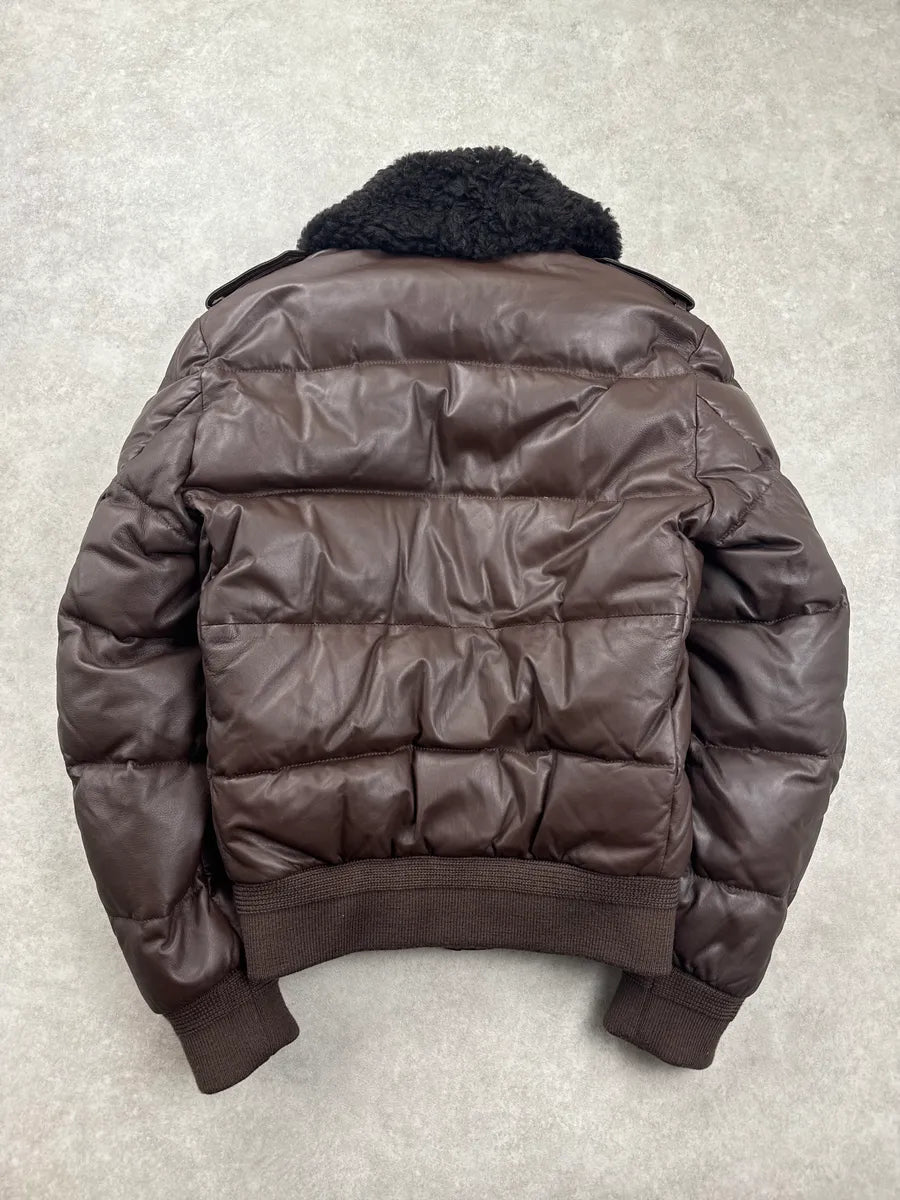 Burberry Dark Brown Lambskin Shearling Collar Puffer Jacket KdeJpWVk 4