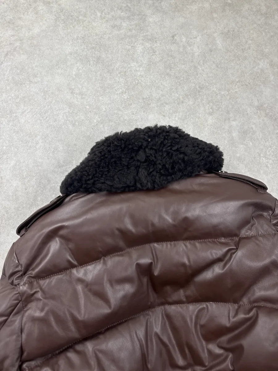 Burberry Dark Brown Lambskin Shearling Collar Puffer Jacket KdeJpWVk 9