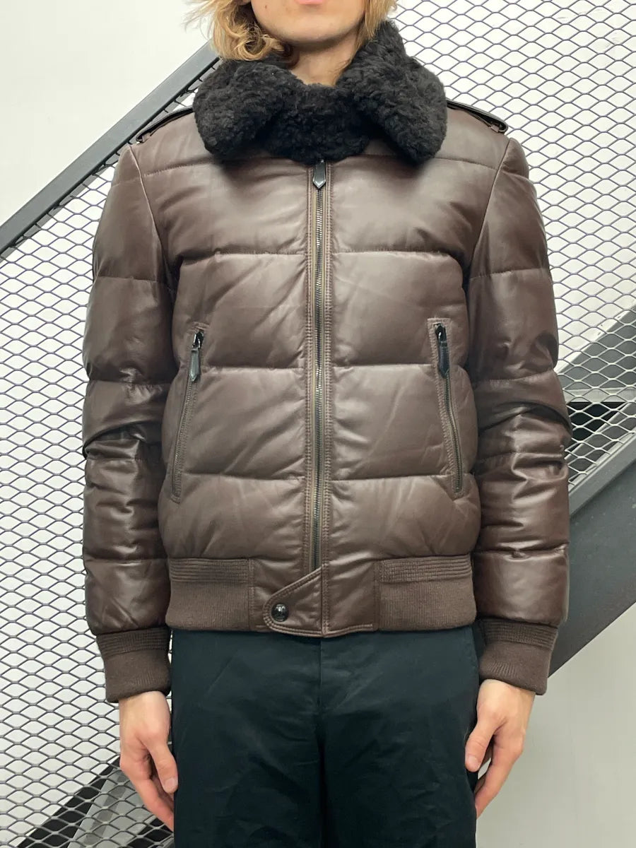 Burberry Dark Brown Lambskin Shearling Collar Puffer Jacket KdeJpWVk 0