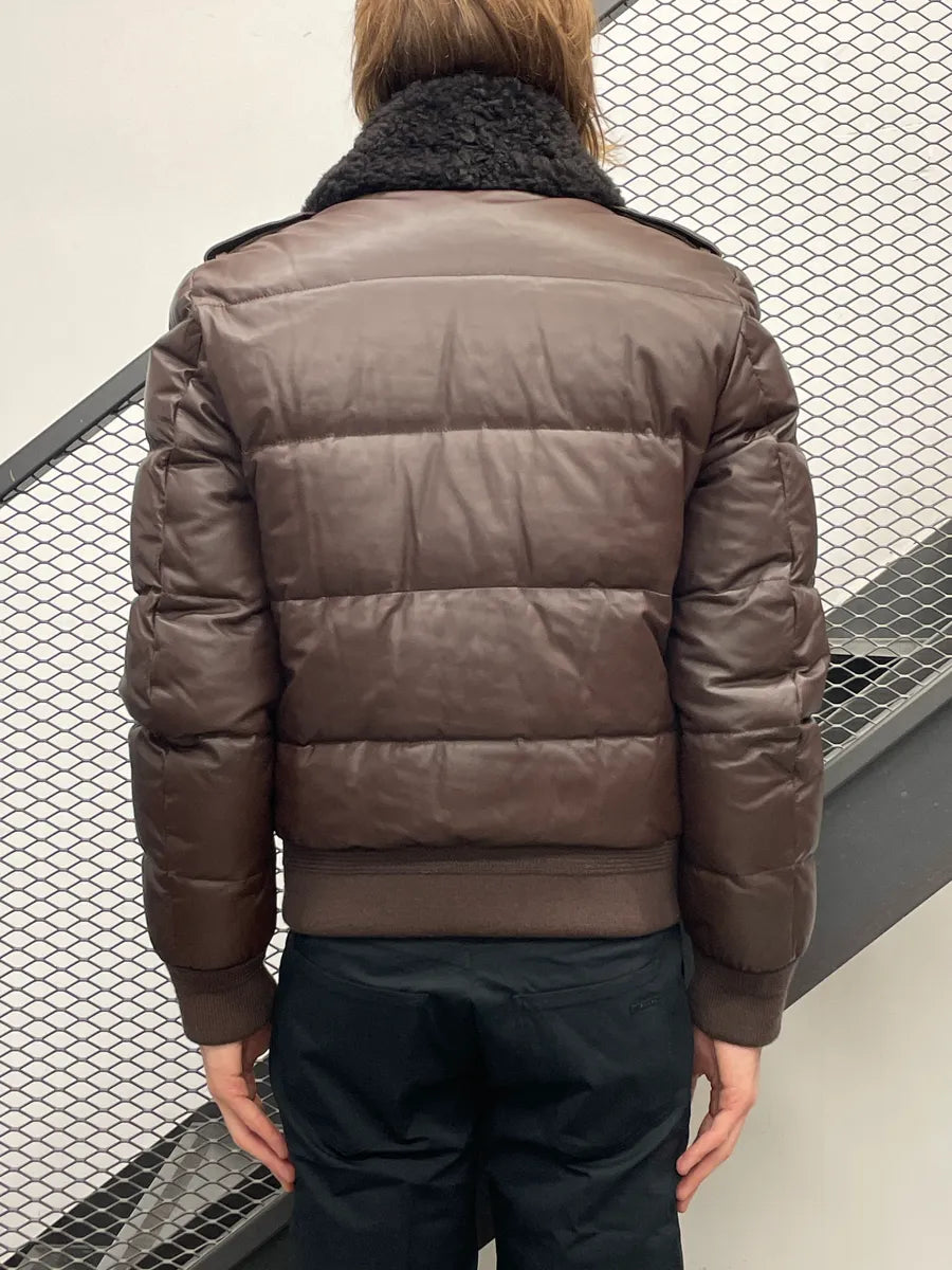 Burberry Dark Brown Lambskin Shearling Collar Puffer Jacket KdeJpWVk 2