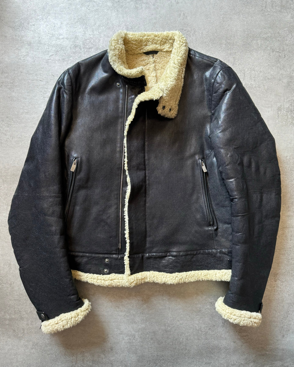 AW2007 Jil Sander Black Asymmetrical Shearling Leather Jacket by AW2007 Jil Sander Black Asymmetrical Shearling Leather Jacket by