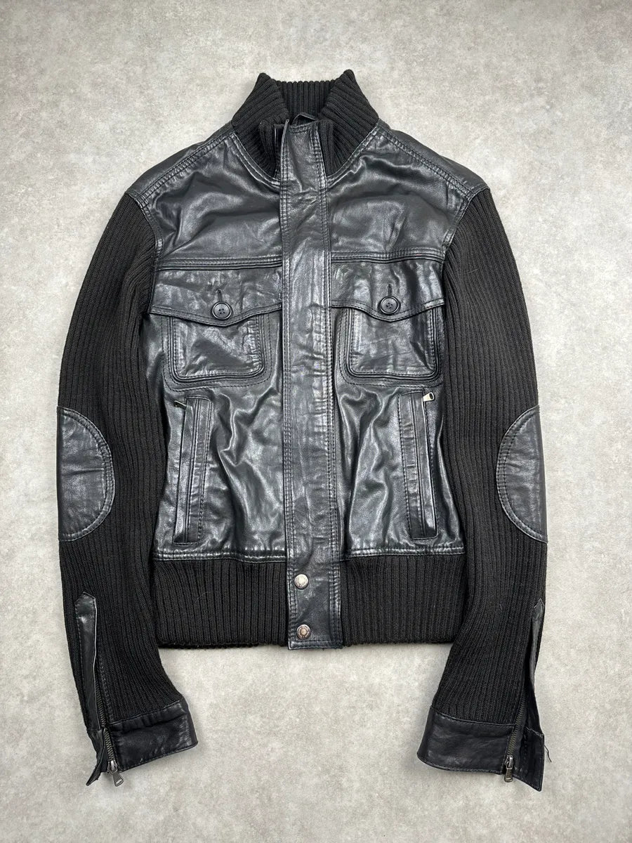 AW2007 Dolce & Gabbana Black Hybrid Wool Leather Moto Jacket KipHzcSy 0