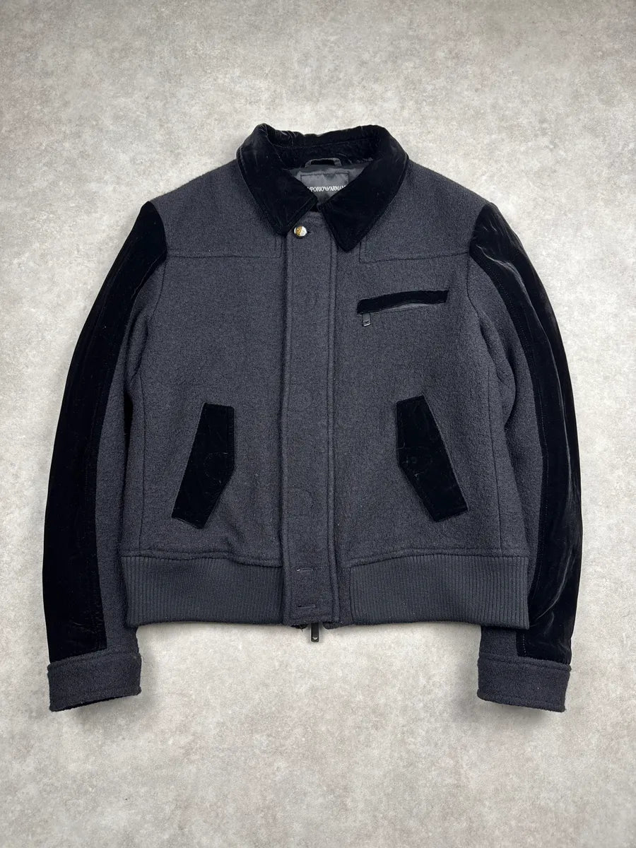 AW2014 Emporio Armani Dark Grey Wool Velvet Sleeve Bomber Jacket KmFsZuCo 0