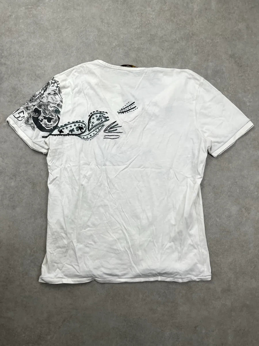 2000s Roberto Cavalli Class White Savannah Elephant Print Split Neck T-Shirt KoCanRvd 3