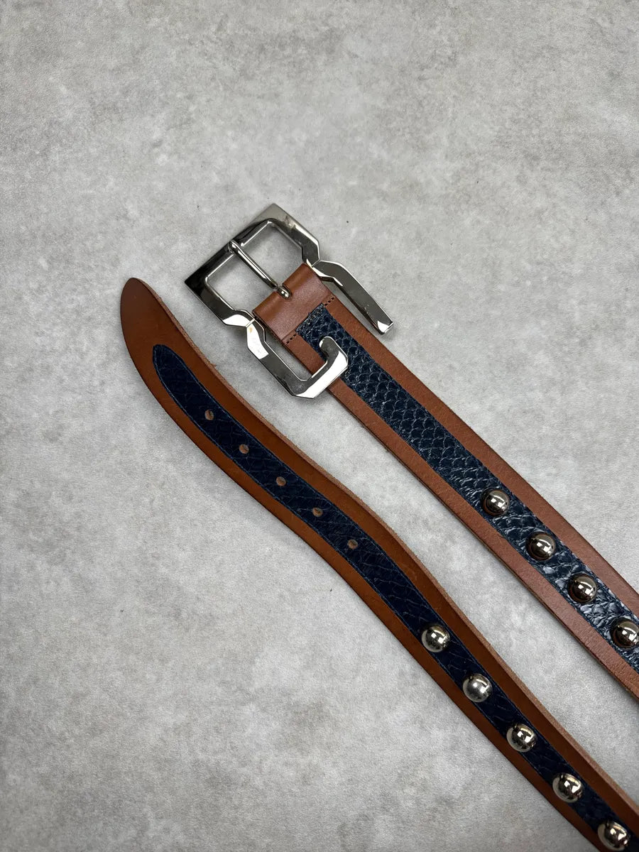 2000s Dolce & Gabbana Brown Leather Blue Python StuddedBelt KqVRaVka 3