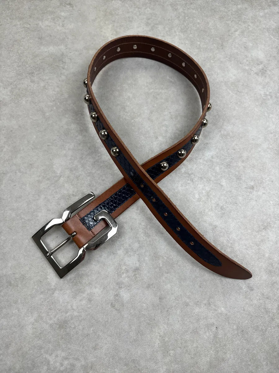 2000s Dolce & Gabbana Brown Leather Blue Python StuddedBelt KqVRaVka 1