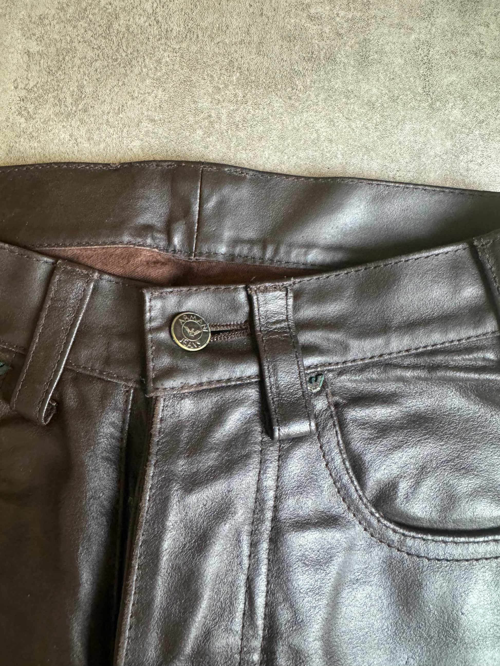 1990s Armani Brown Robust Leather Pants (XS) - 7