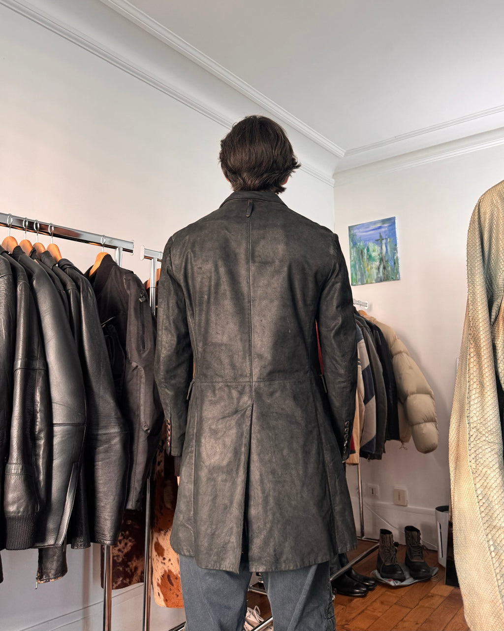 Isaac Sellam Experience Brut Shadow Dark Leather Trench Jacket (L) - 4