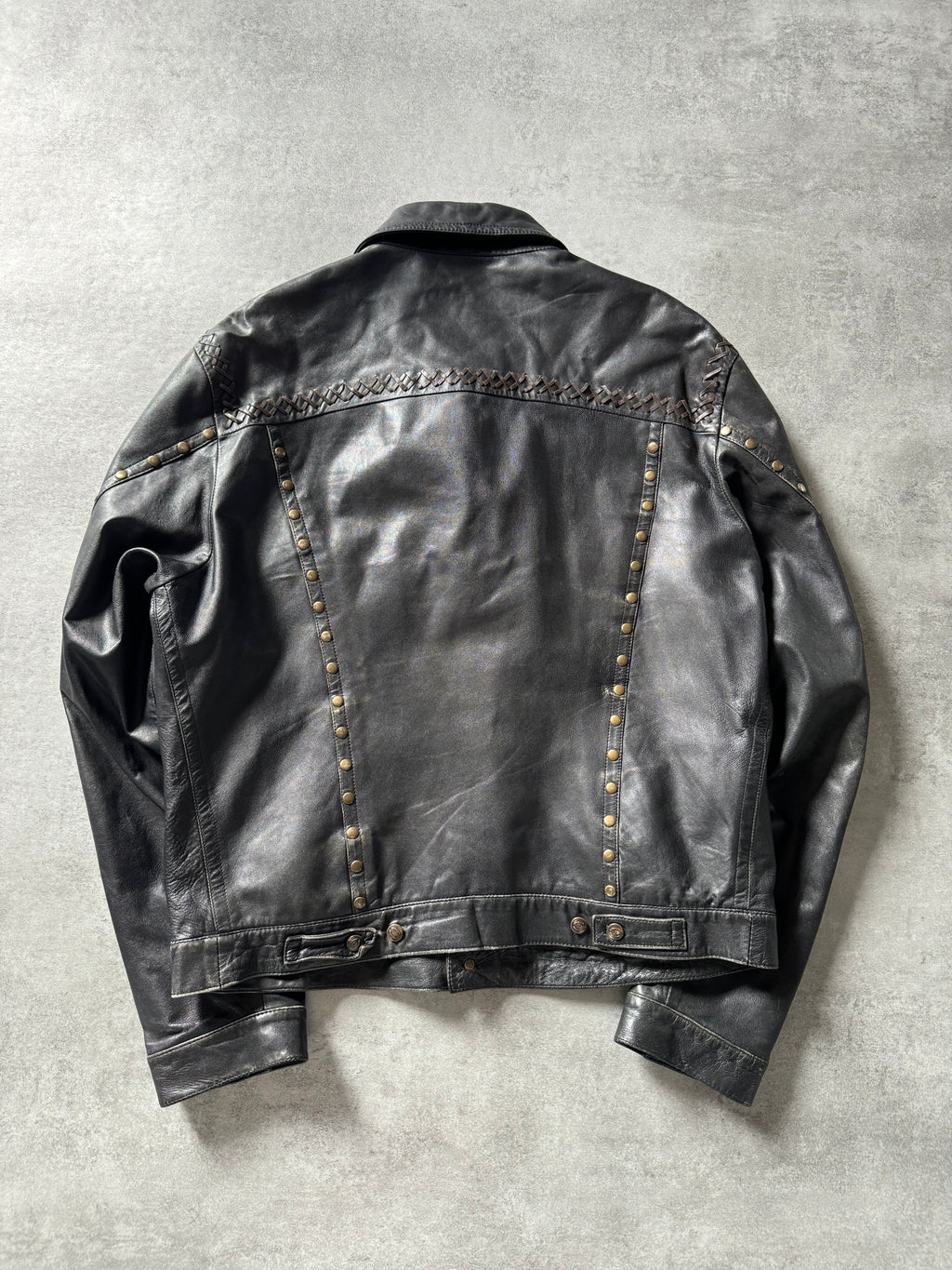 AW2005 Cavalli Rockstar Studded Biker Trucker Leather Jacket (L) - 3
