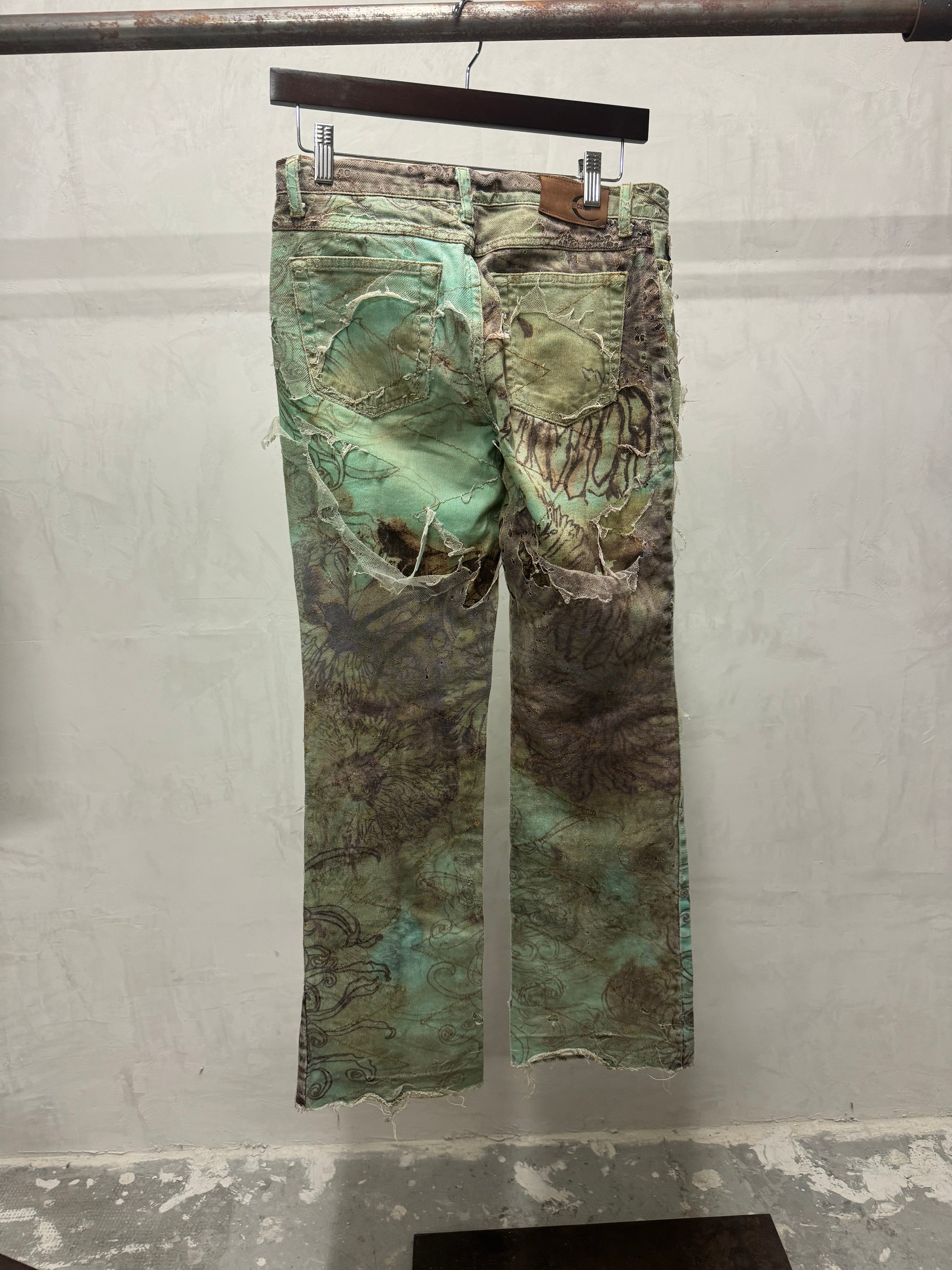 2000s Cavalli Destructured Artistic Floral Blue Pants (S) - 2