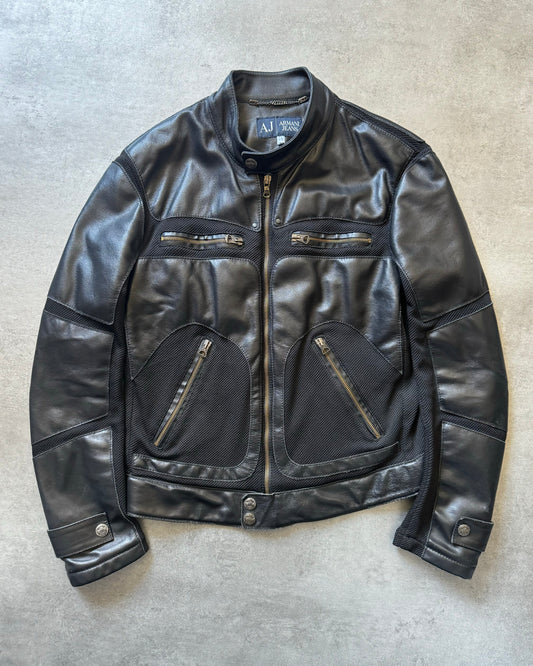 2000s Armani Black Hybrid Structured Biker Leather Jacket (M) - 1