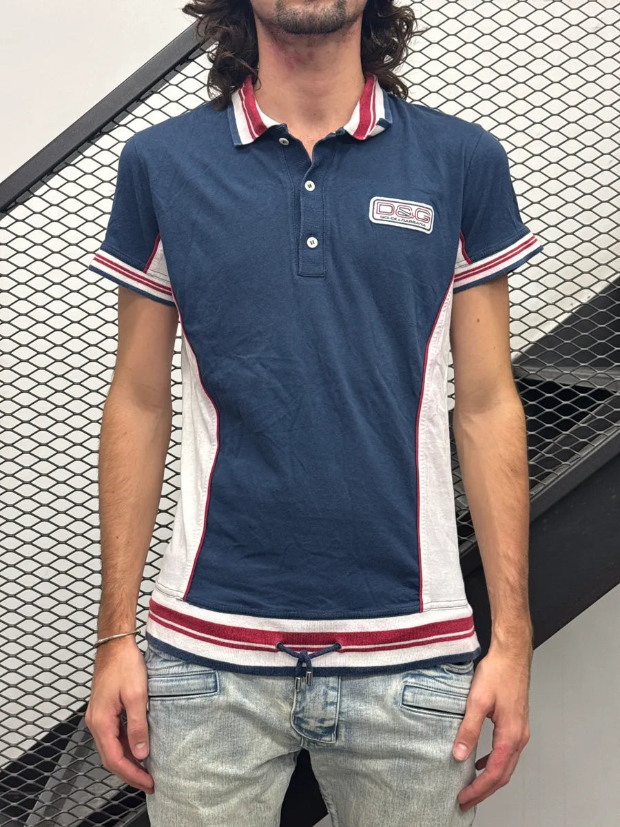 SS2004 Dolce & Gabbana Navy Logo Patch Striped Trim Polo LKfLiJJC 1