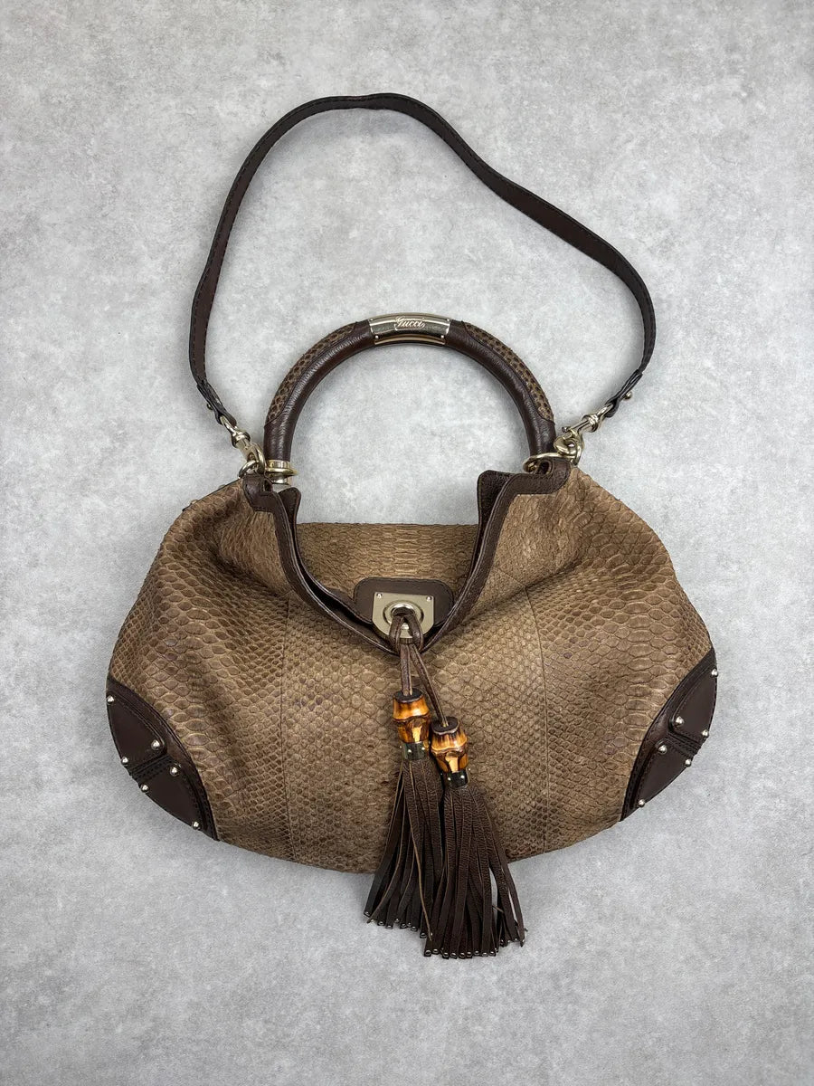 2000s Gucci Brown Python Leather Bamboo Indy Bag by Frida Giannini  LQMNHKJA 0