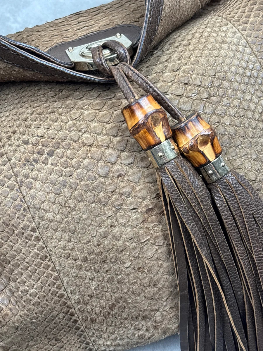2000s Gucci Brown Python Leather Bamboo Indy Bag by Frida Giannini  LQMNHKJA 9