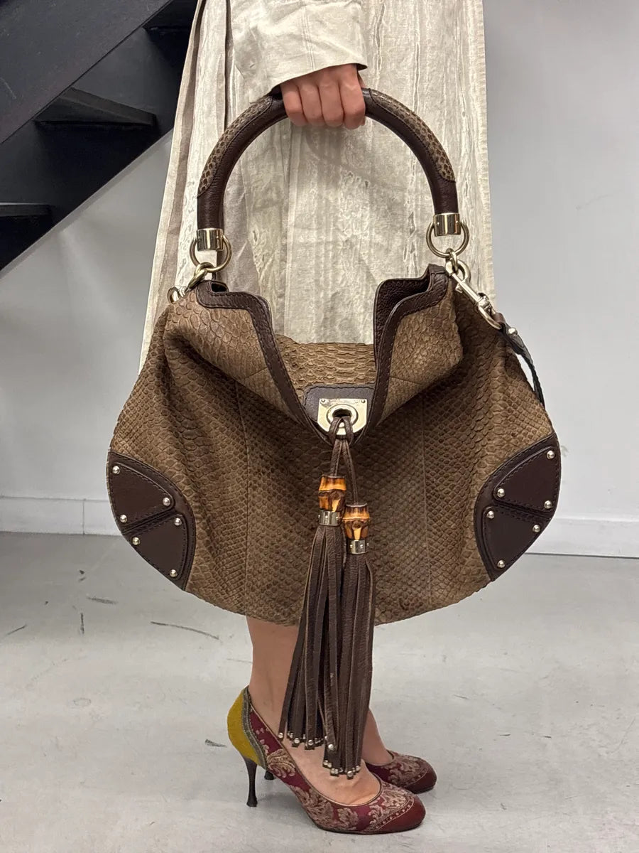 2000s Gucci Brown Python Leather Bamboo Indy Bag by Frida Giannini  LQMNHKJA 1
