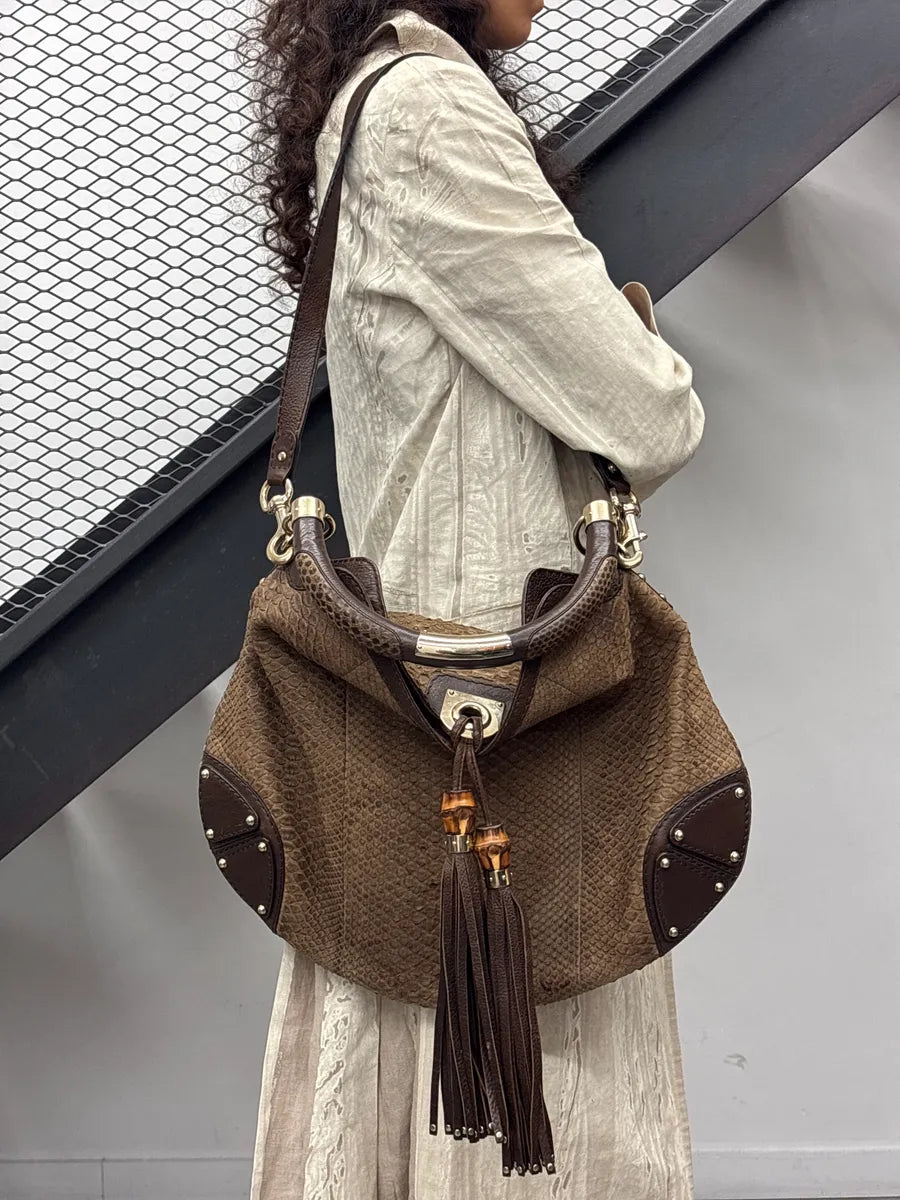 2000s Gucci Brown Python Leather Bamboo Indy Bag by Frida Giannini  LQMNHKJA 2