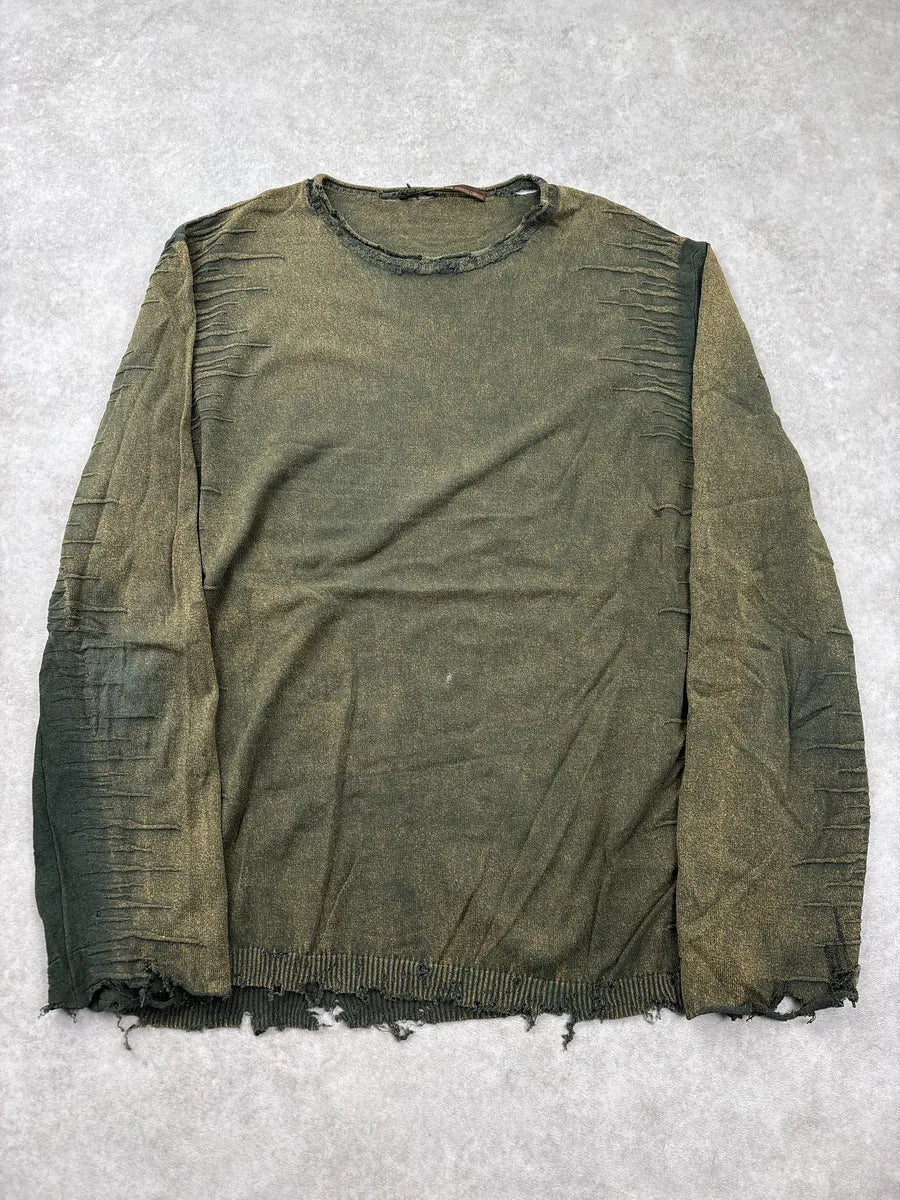 2000s Roberto Cavalli Olive Distressed Ruched Sweater LXaliXey 0