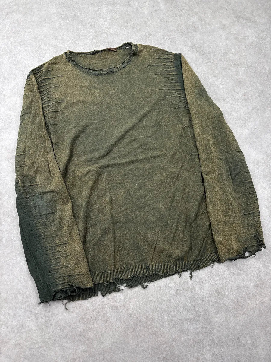 2000s Roberto Cavalli Olive Distressed Ruched Sweater LXaliXey 3