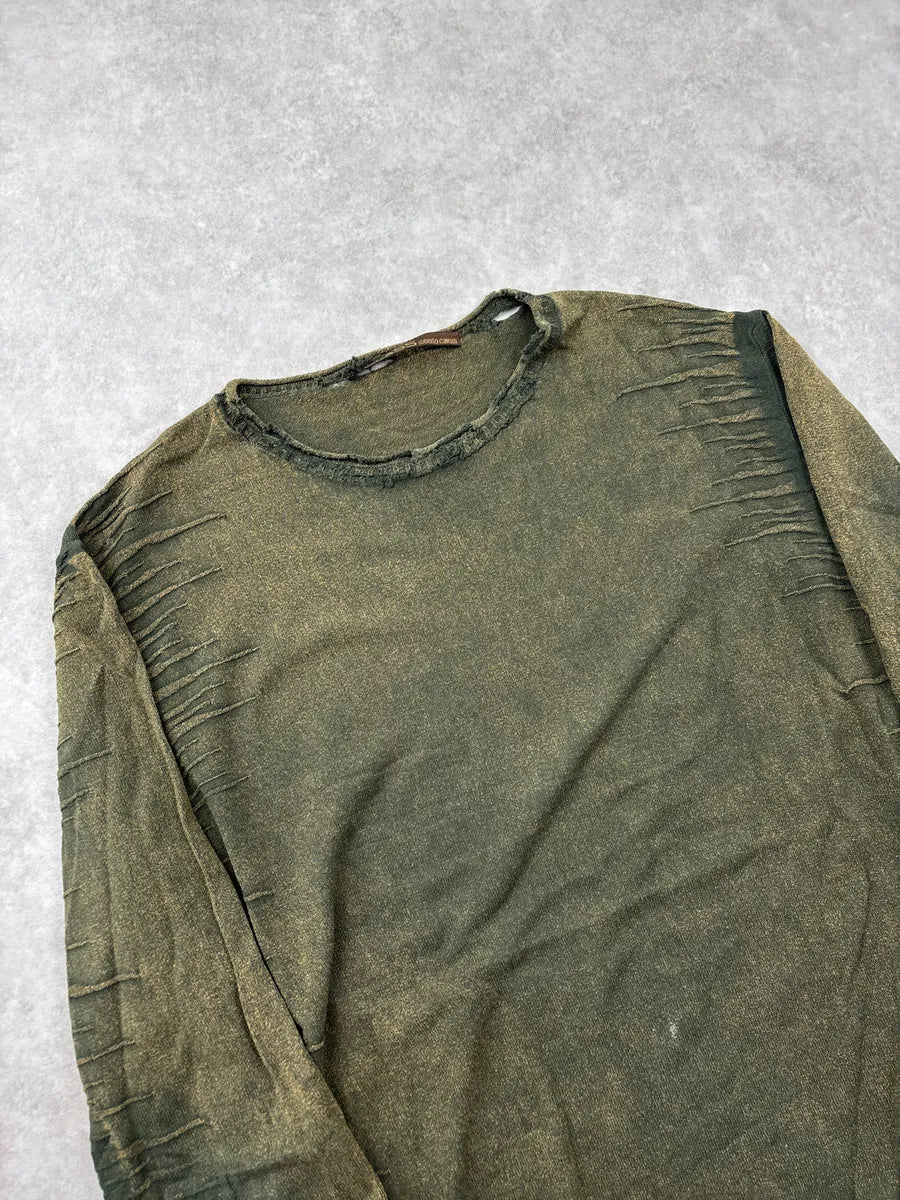 2000s Roberto Cavalli Olive Distressed Ruched Sweater LXaliXey 4
