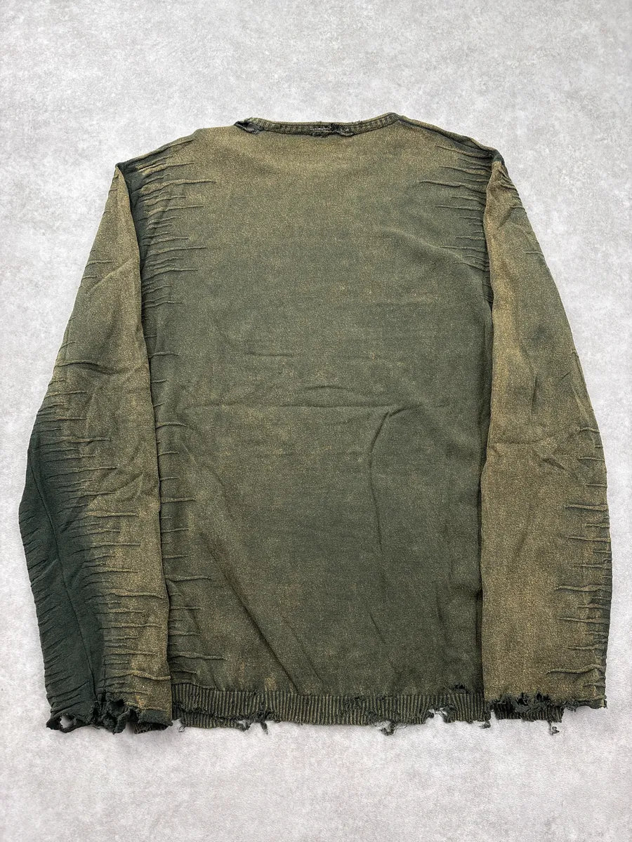 2000s Roberto Cavalli Olive Distressed Ruched Sweater LXaliXey 5