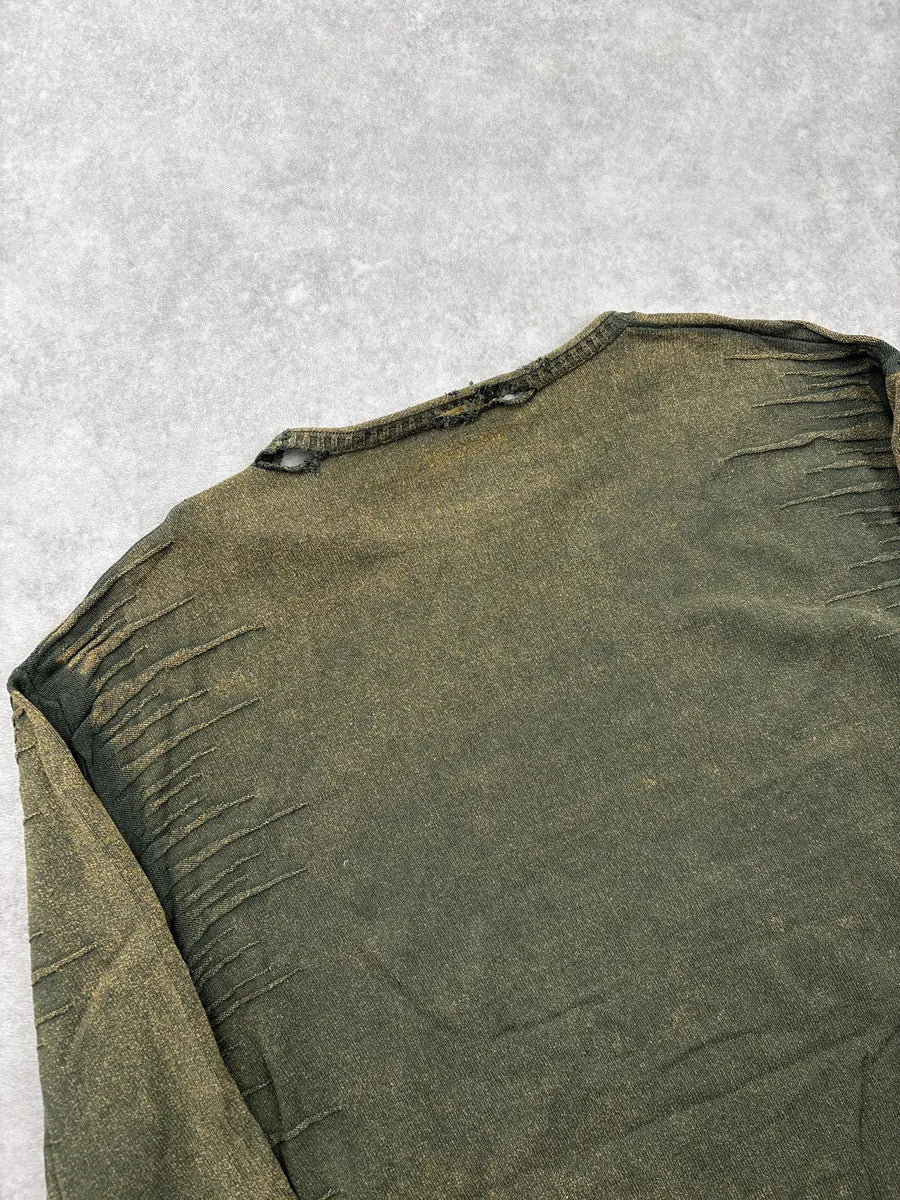 2000s Roberto Cavalli Olive Distressed Ruched Sweater LXaliXey 7
