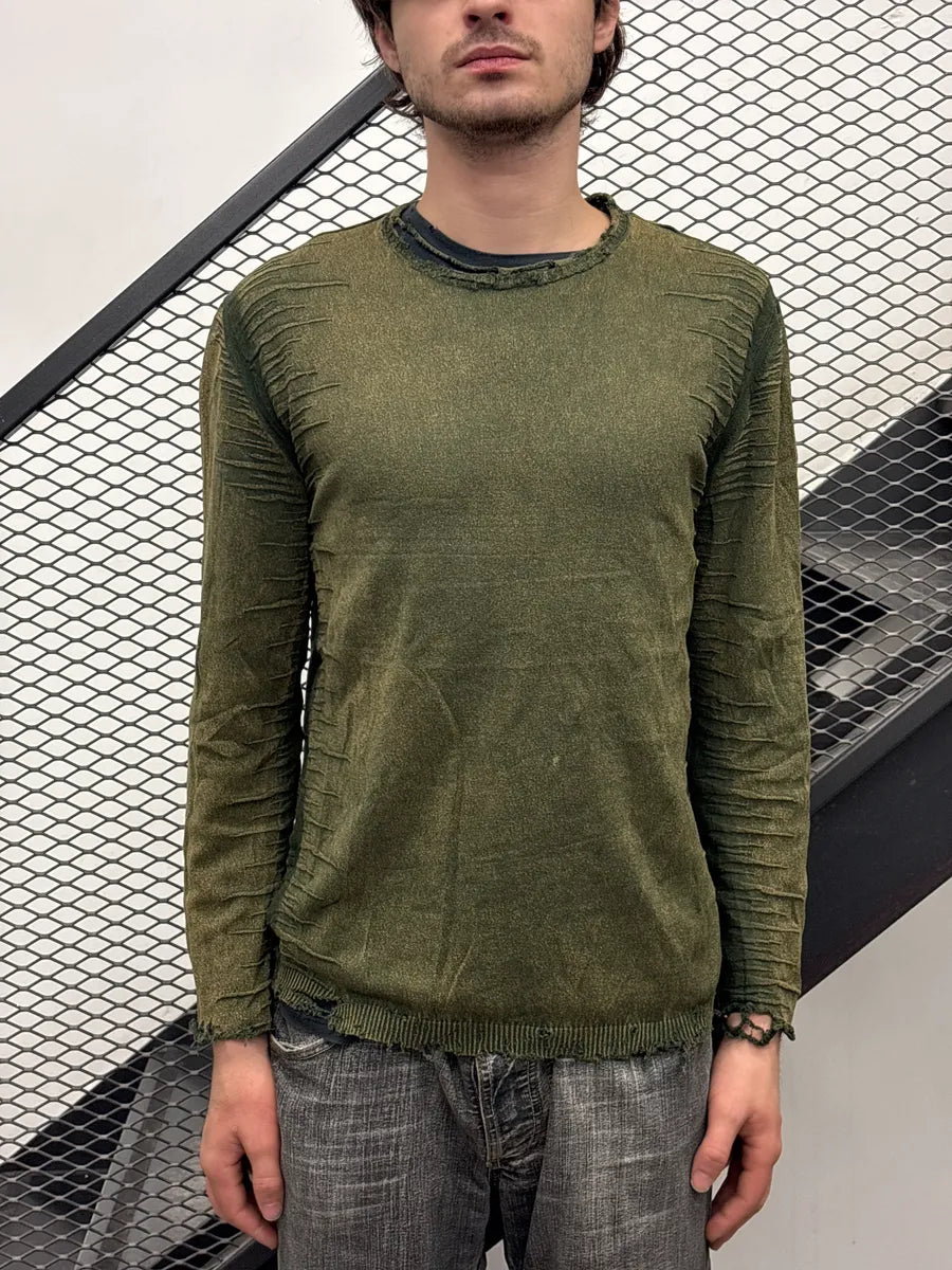 2000s Roberto Cavalli Olive Distressed Ruched Sweater LXaliXey 1