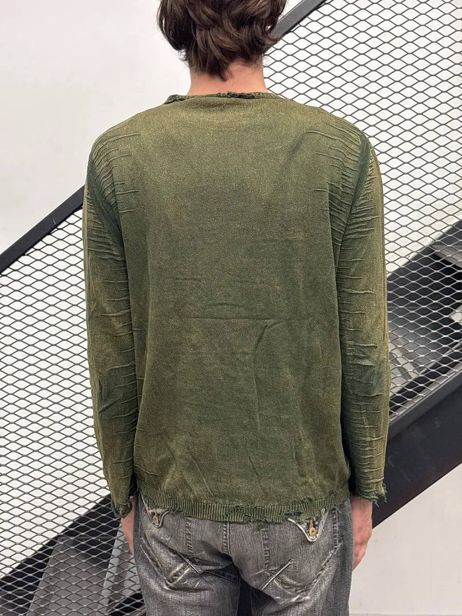 2000s Roberto Cavalli Olive Distressed Ruched Sweater LXaliXey 2