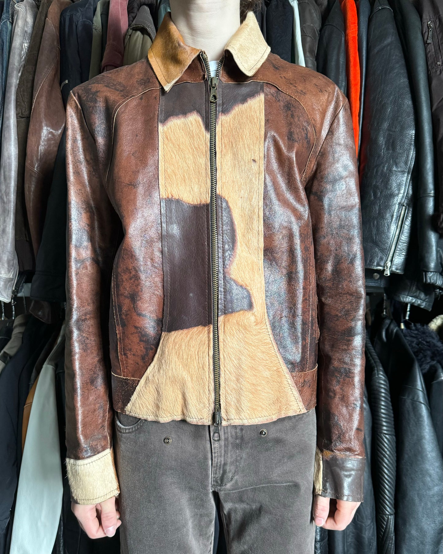 2000s Imperial Brown Fur Leather Cow Jacket  (L) - 3