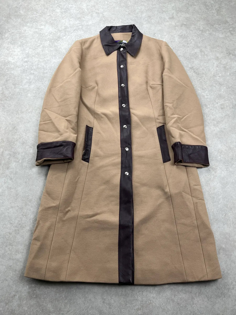 SS2002 Dolce & Gabbana Contrast Leather Beige Wool Long Coat LhrpWfJR 3