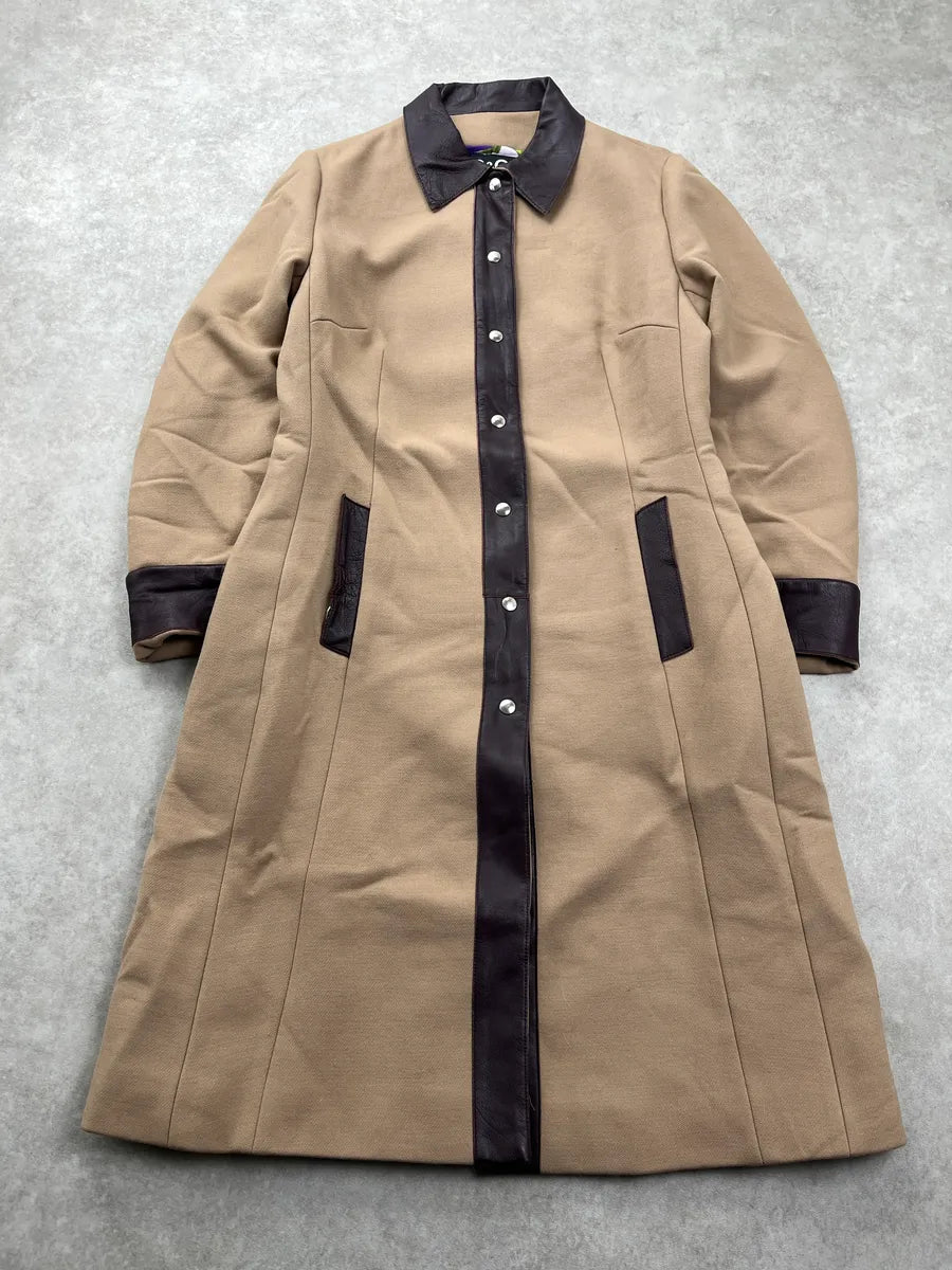 SS2002 Dolce & Gabbana Contrast Leather Beige Wool Long Coat LhrpWfJR 2