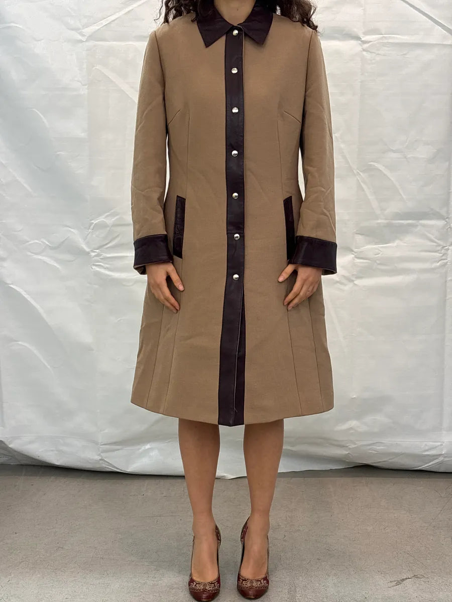 SS2002 Dolce & Gabbana Contrast Leather Beige Wool Long Coat LhrpWfJR 0