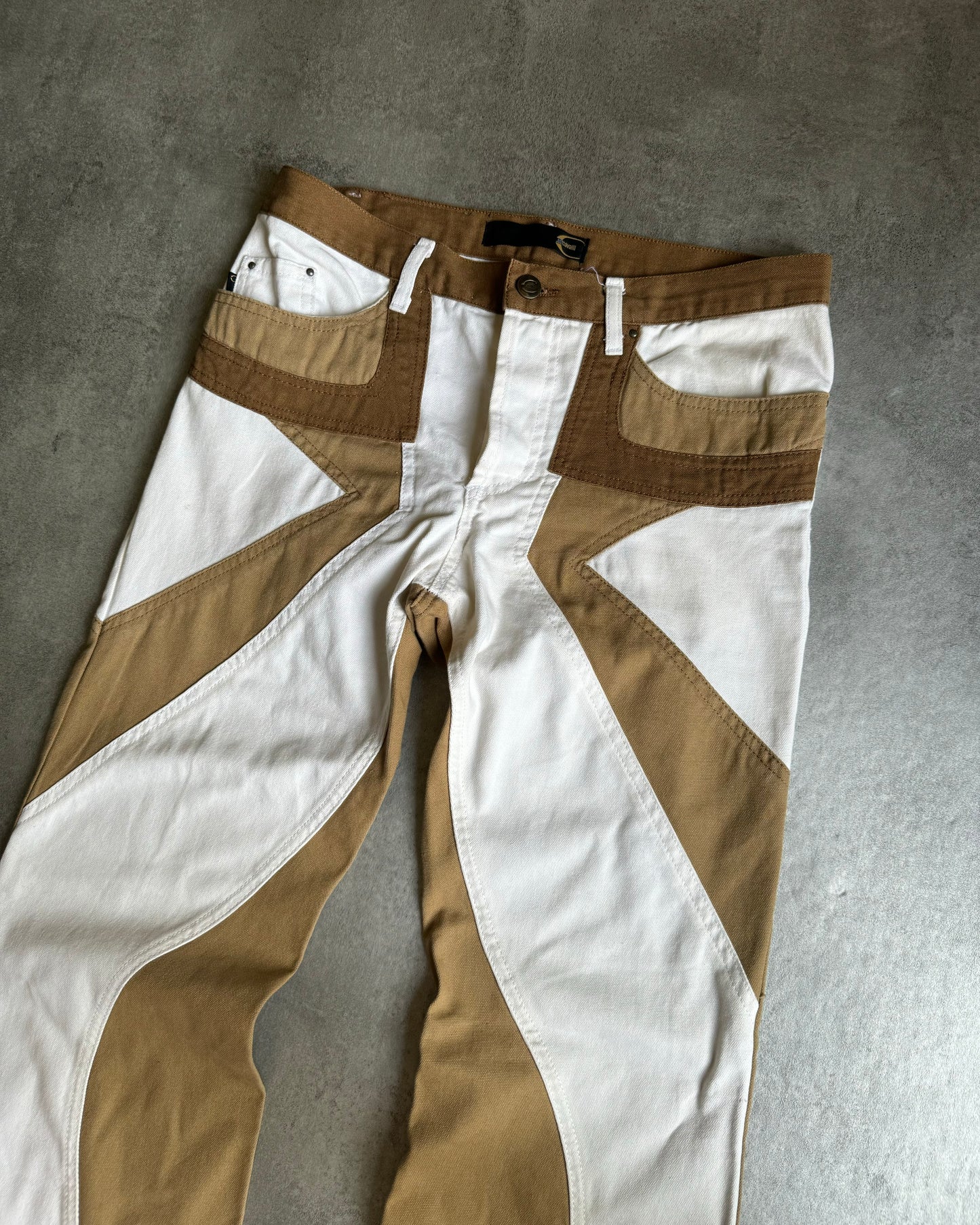 SS2004 Just Cavalli Geometrical Relaxed Tricolor Beige White Pants (M) - 8