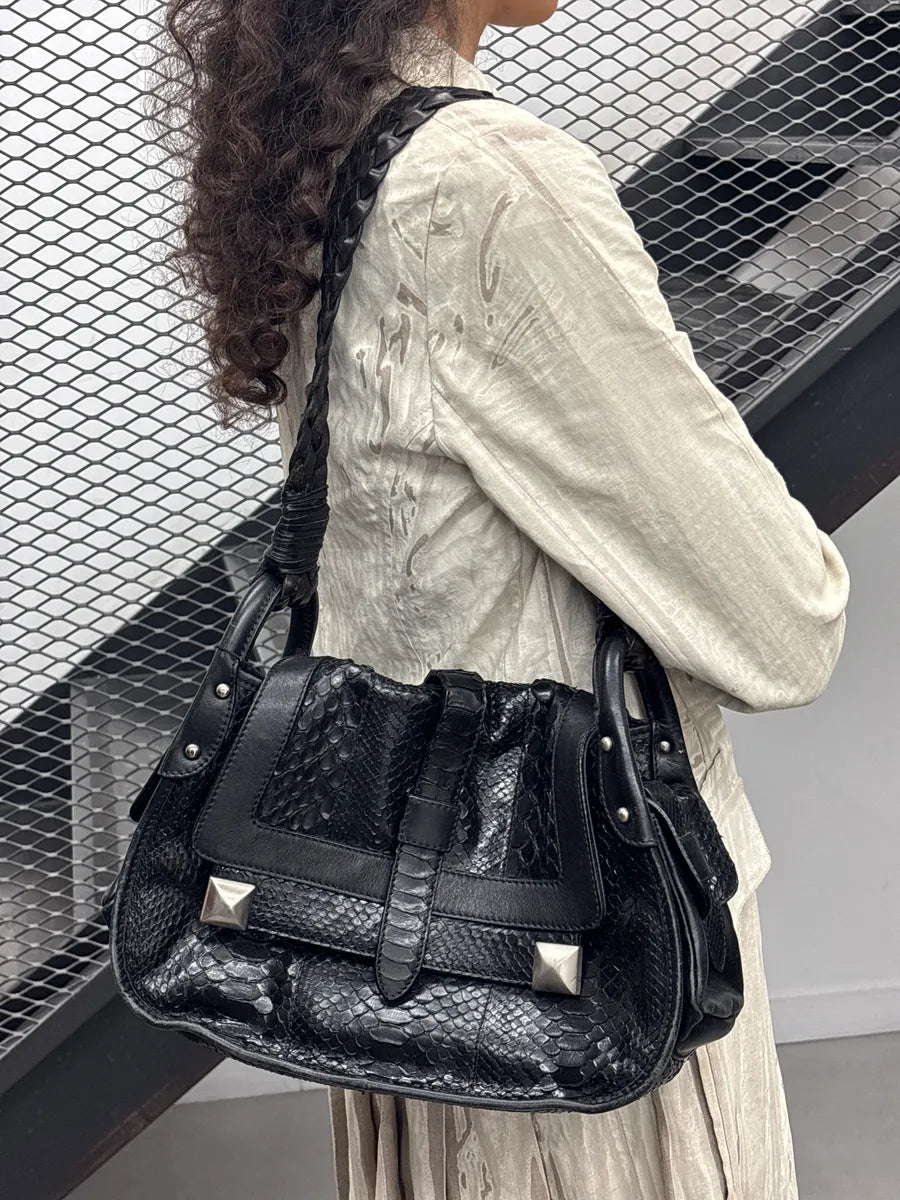 AW2005 Cesare Paciotti Black Leather Python Studded Shoulder Bag LmPZkLhA 2