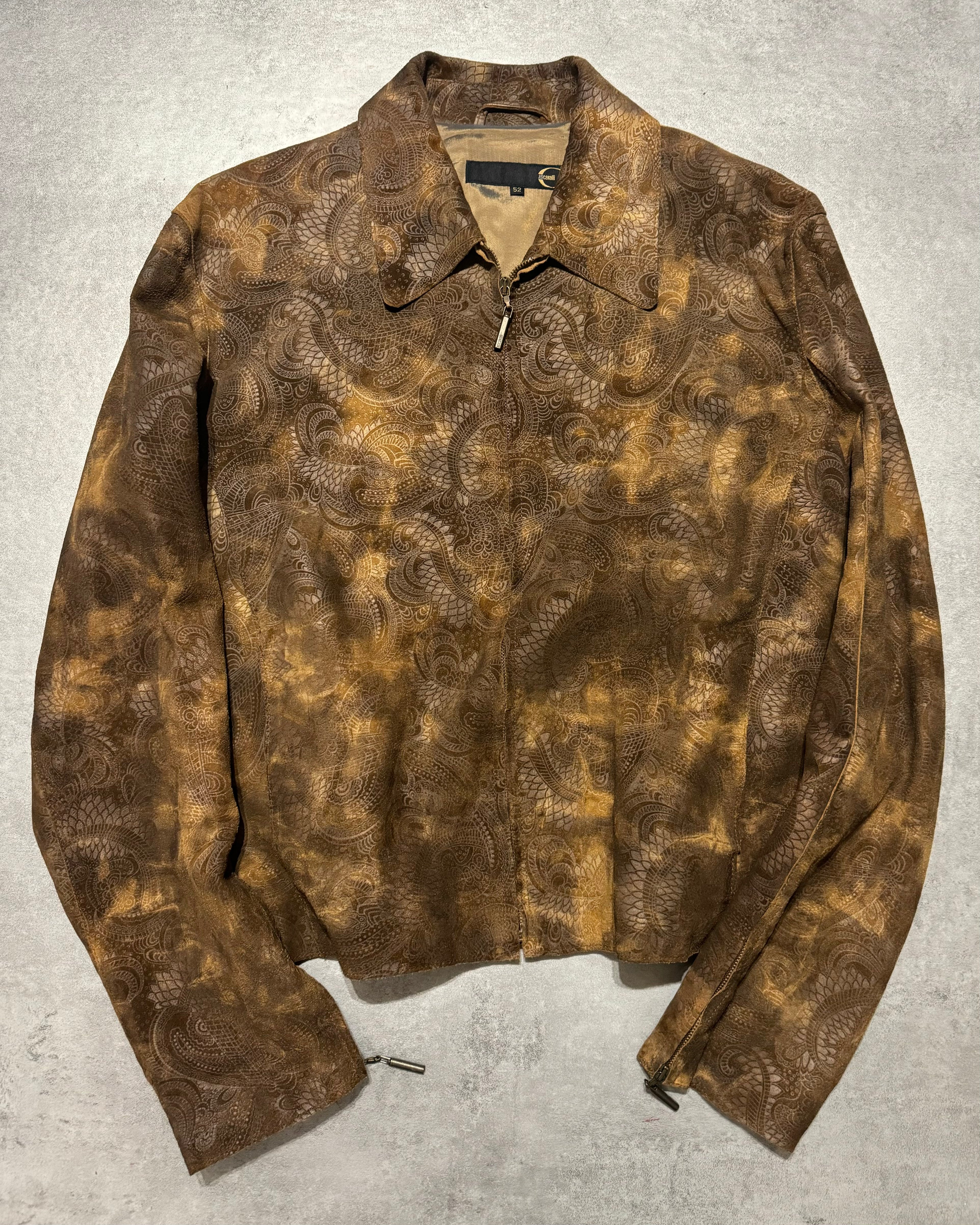 2000s Cavalli Brown Spiritual Dragon Faded Leather Premium Jacket (L) - 1