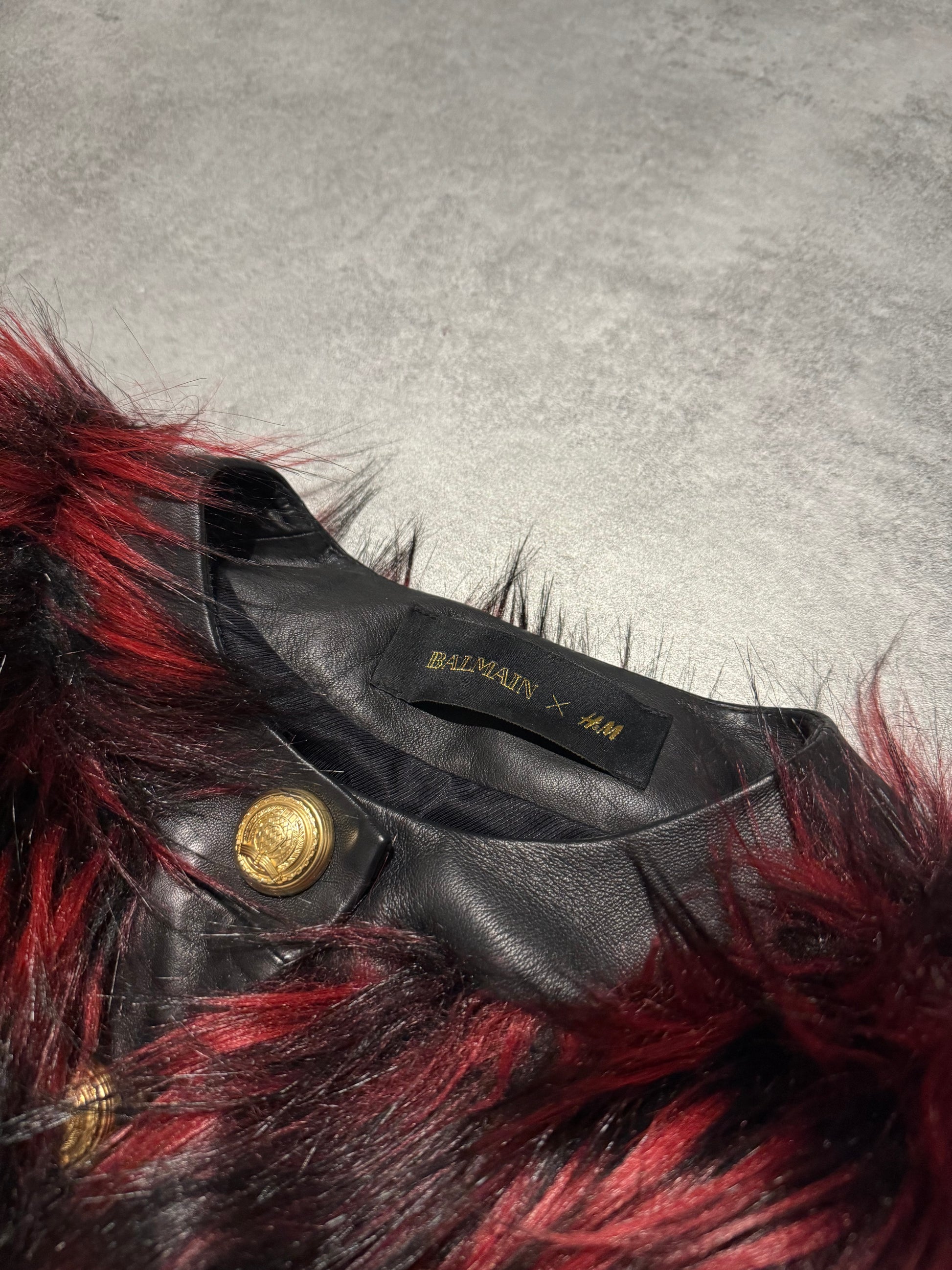 FW2015 Balmain x H&M Red Faux Fur Leather Jacket (XS) - 11