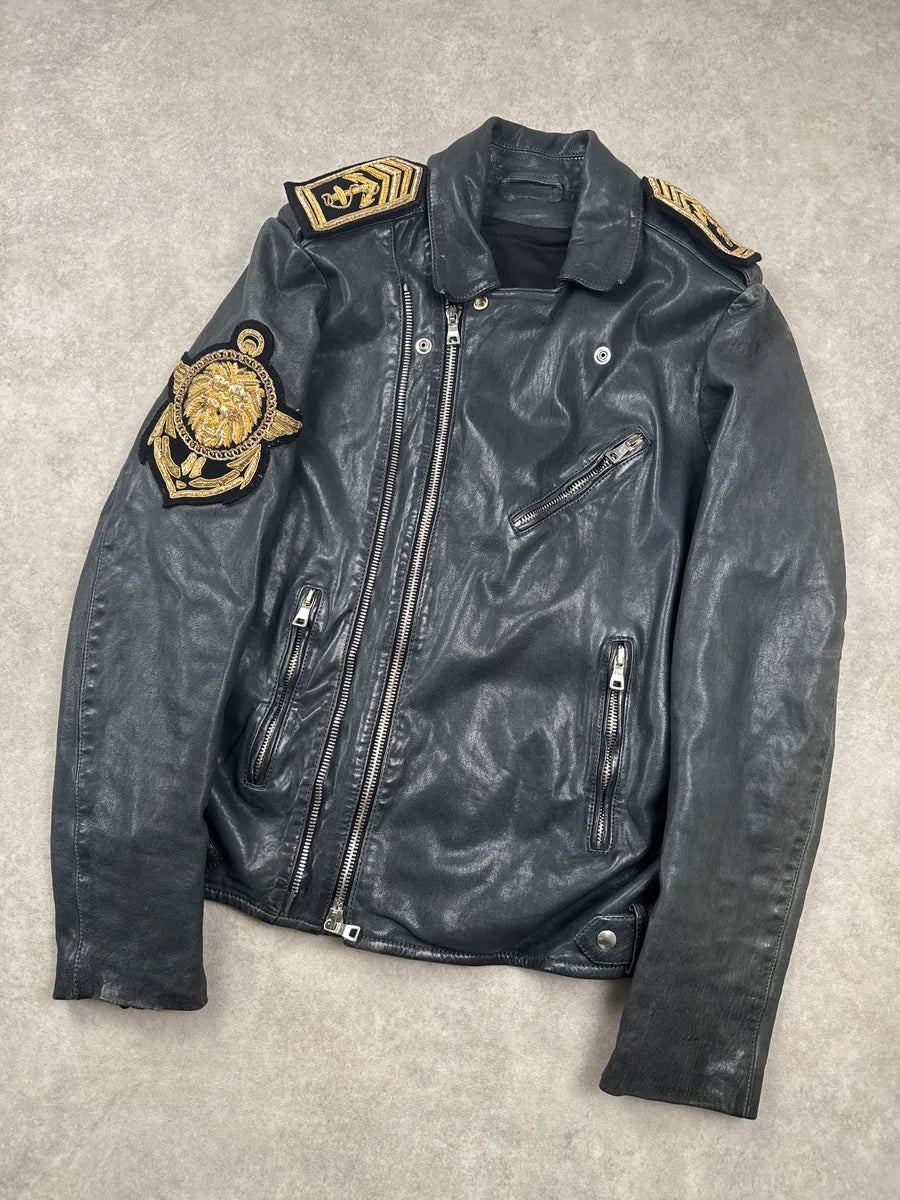 SS2014 Balmain Dark Navy Lambskin Leather Lion Crest Embroidered Biker Jacket LreaYUaU 5