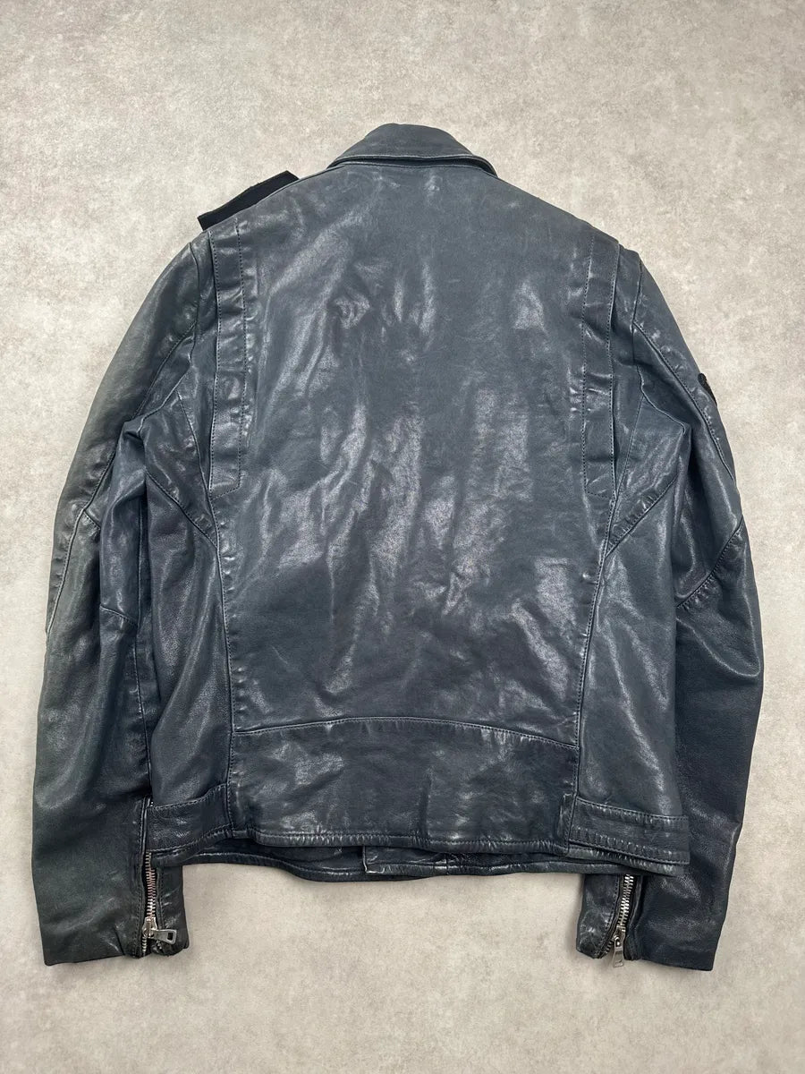 SS2014 Balmain Dark Navy Lambskin Leather Lion Crest Embroidered Biker Jacket LreaYUaU 6