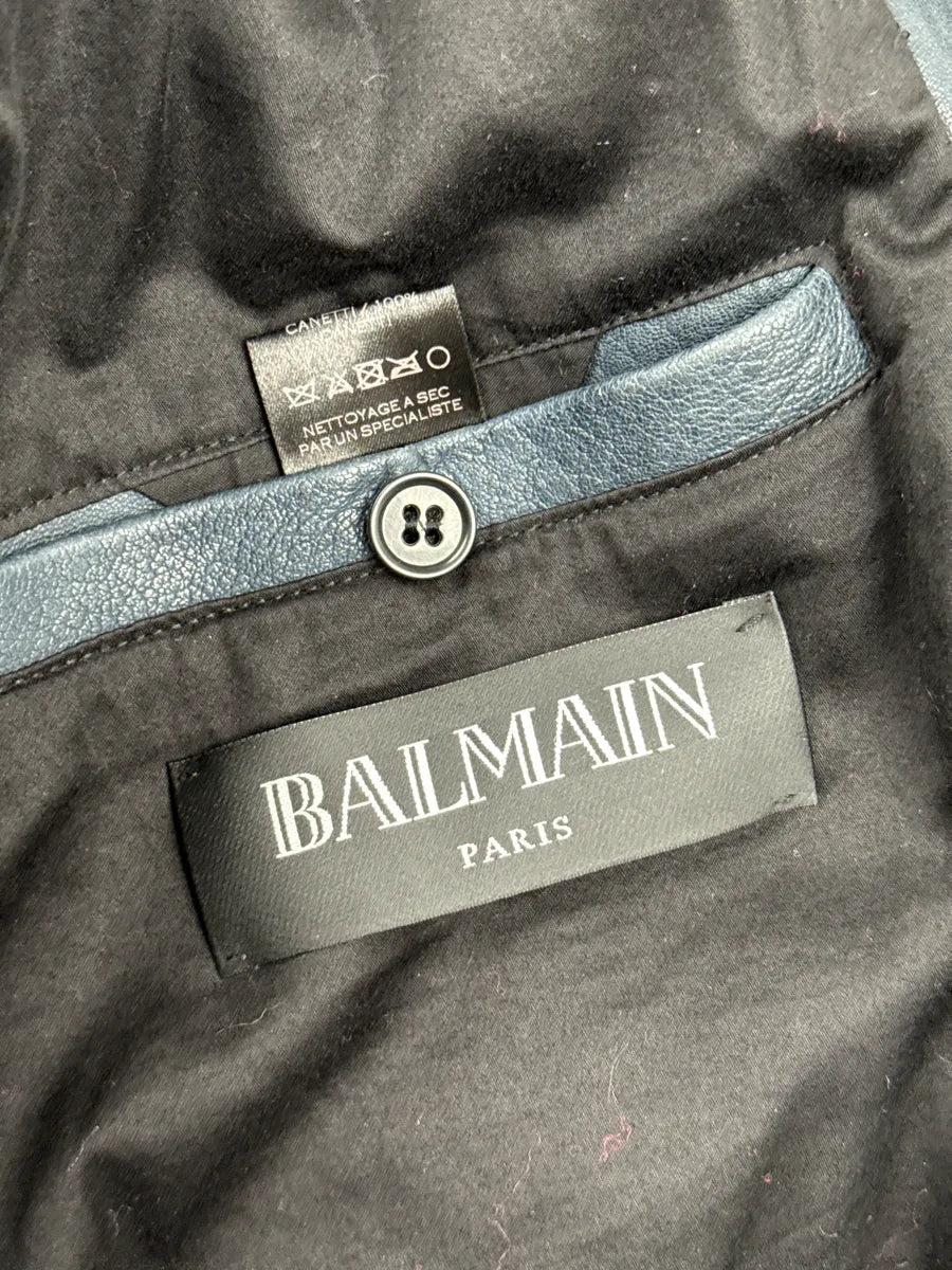 SS2014 Balmain Dark Navy Lambskin Leather Lion Crest Embroidered Biker Jacket LreaYUaU 12