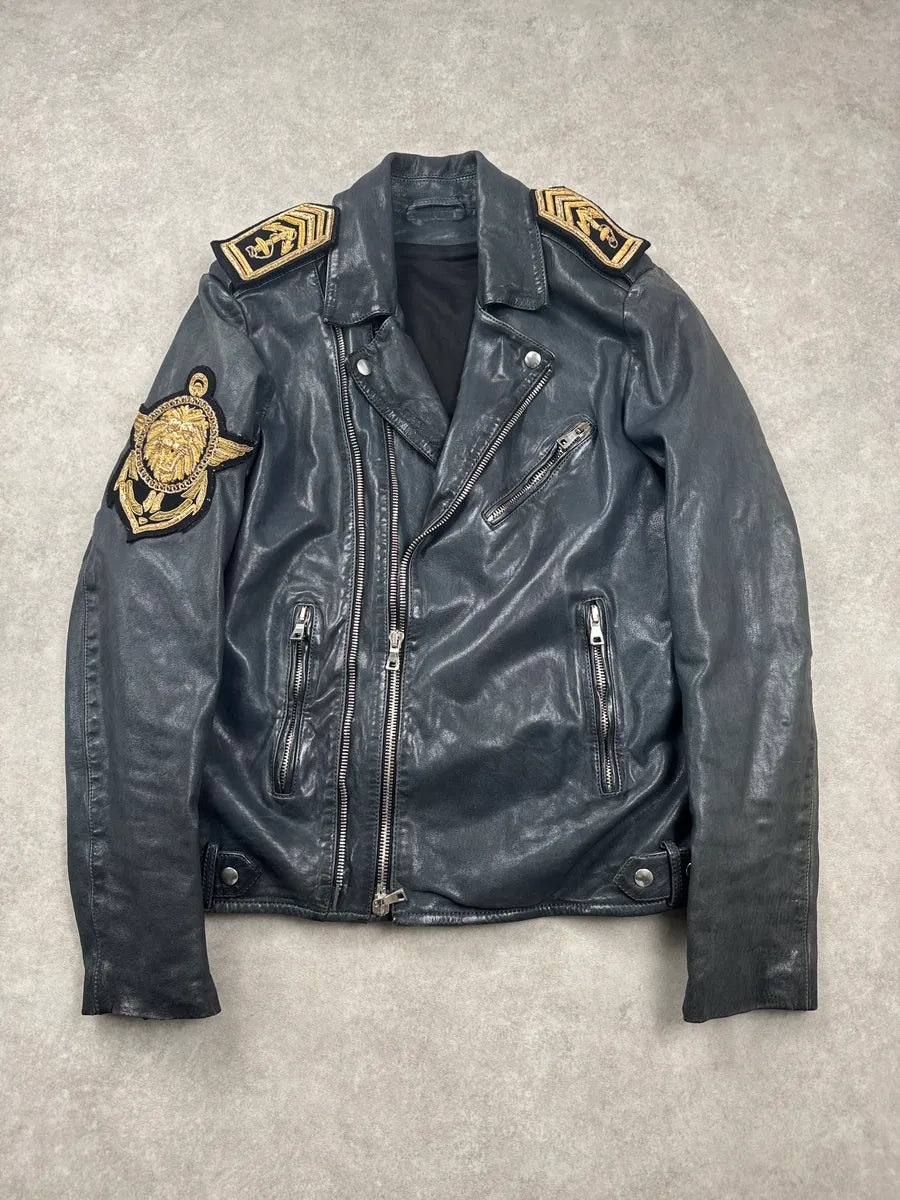 SS2014 Balmain Dark Navy Lambskin Leather Lion Crest Embroidered Biker Jacket LreaYUaU 0