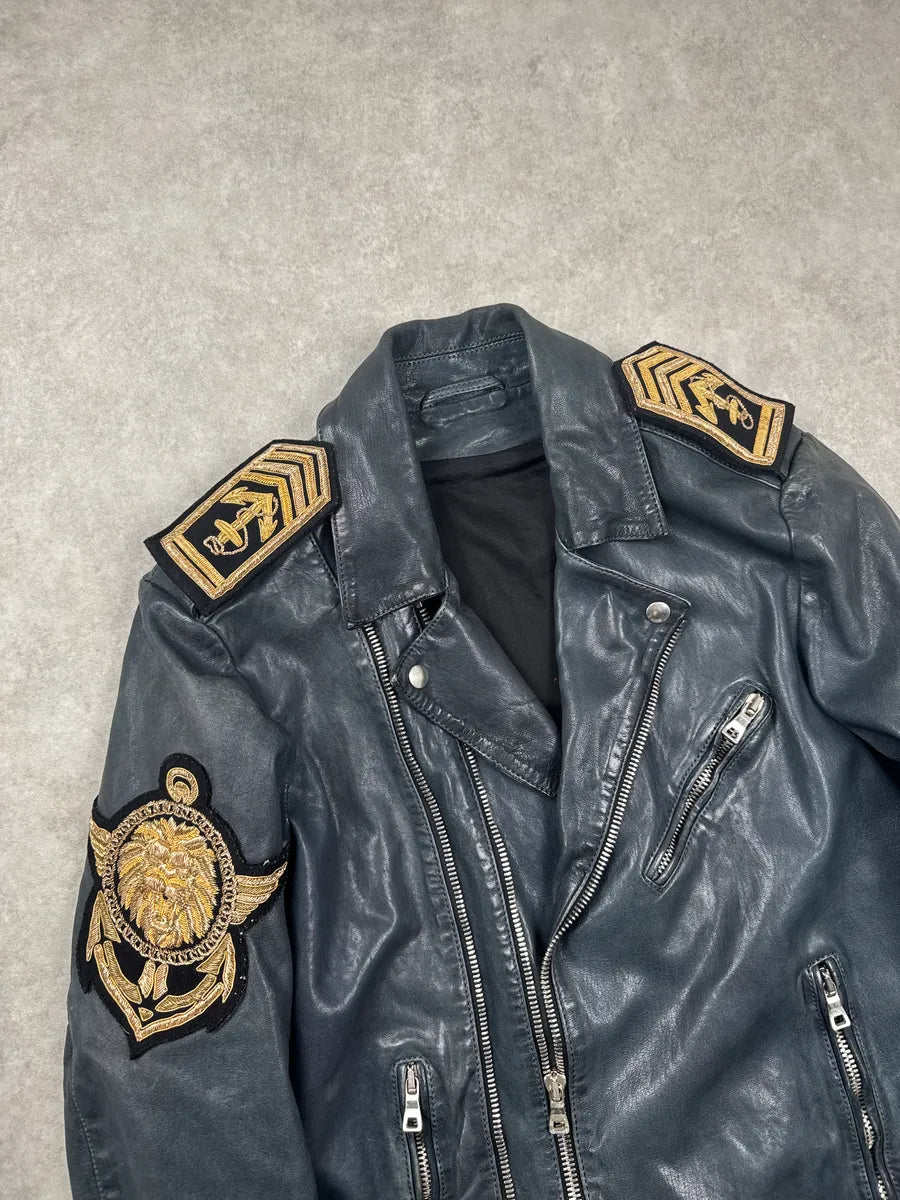 SS2014 Balmain Dark Navy Lambskin Leather Lion Crest Embroidered Biker Jacket LreaYUaU 7