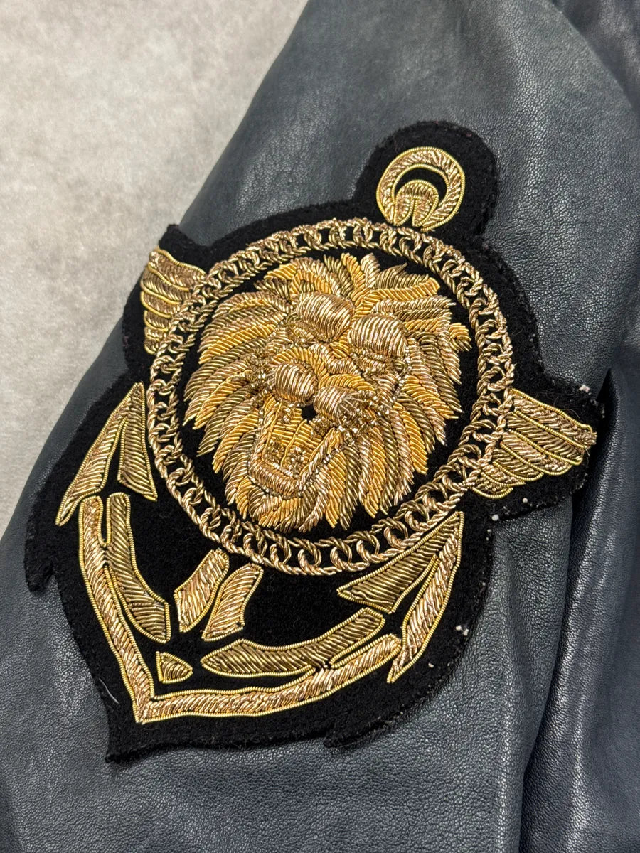 SS2014 Balmain Dark Navy Lambskin Leather Lion Crest Embroidered Biker Jacket LreaYUaU 8
